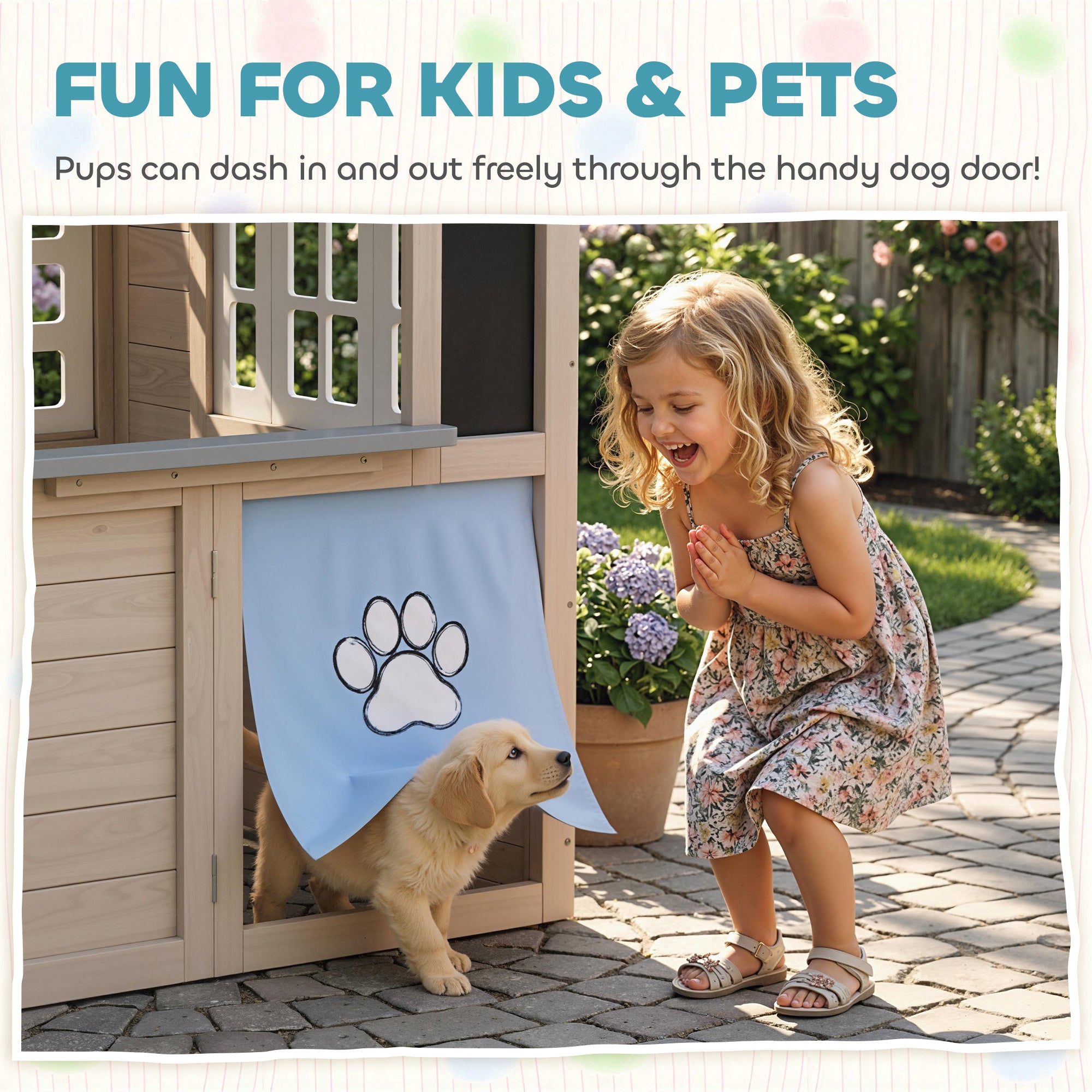 Outdoor Playhouse, Wooden Kids Playhouse with Dog Door, Cookware, Planter Box, Bell, Blackboard, Clock for Backyard