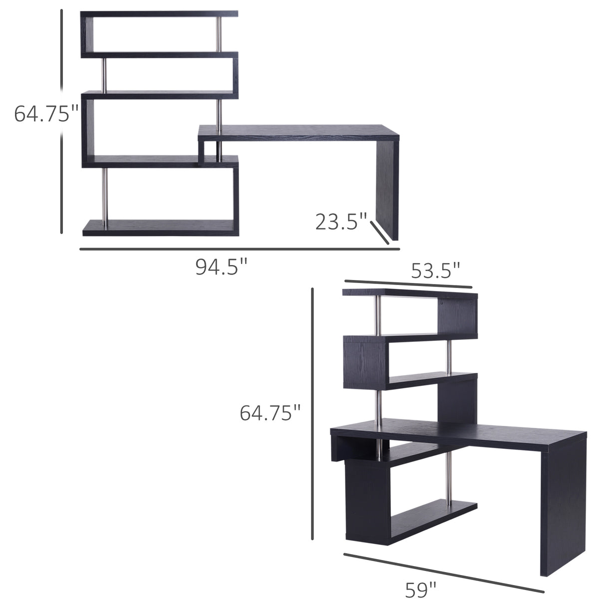 94" 5 Tier L-Shaped Computer Desk Rotating Writing Table Corner Desk with Display Shelves and Stainless Steel Frame, Black