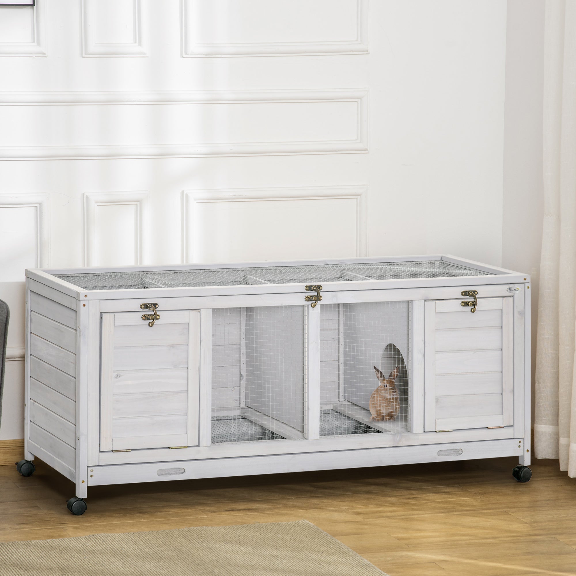 Wooden Rabbit Hutch with Wheels, Dividers for Indoor Use, Light Gray - Gray - Image 2