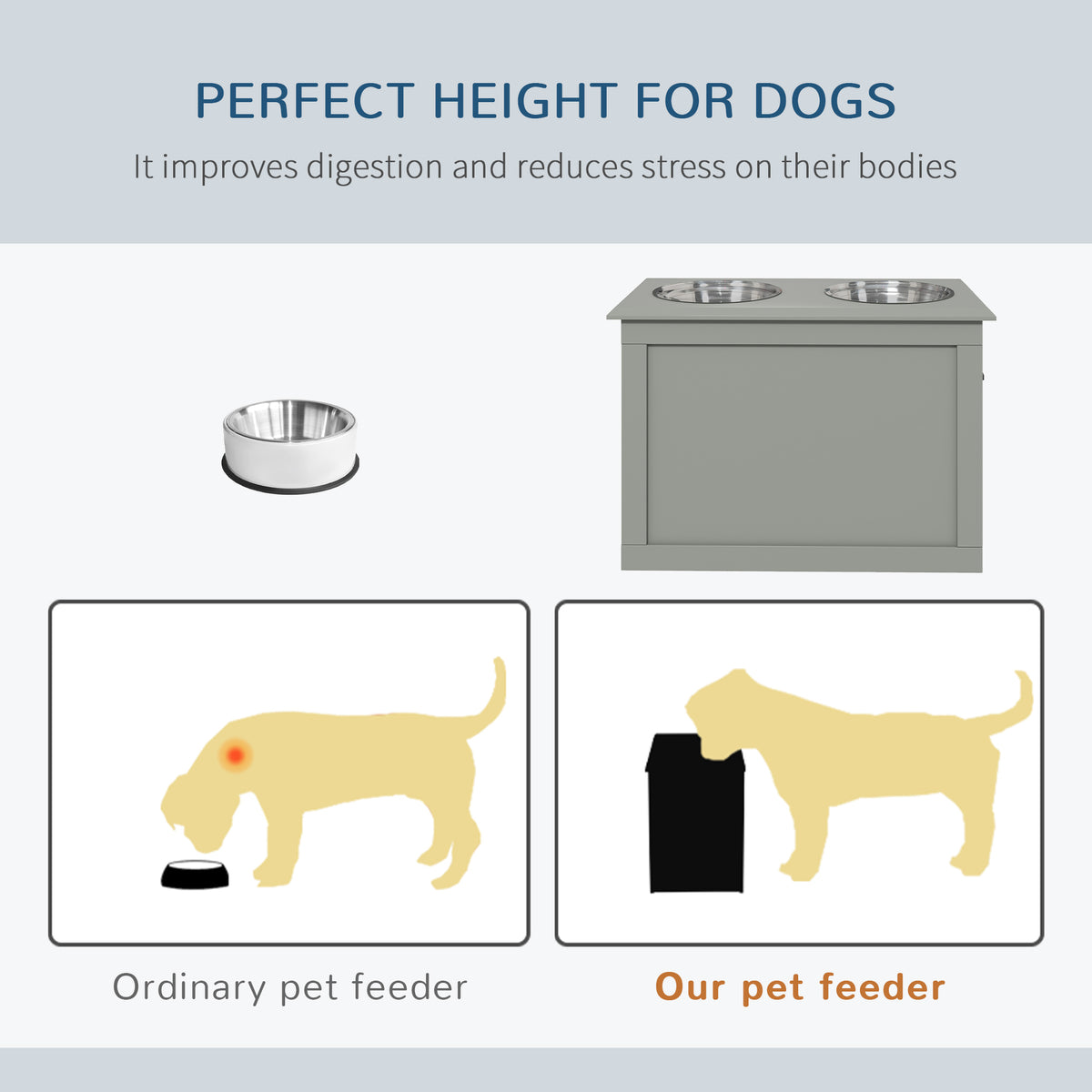 Raised Pet Feeding Storage Station with 2 Stainless Steel Bowls Base for Large Dogs and Other Large Pets, Gray