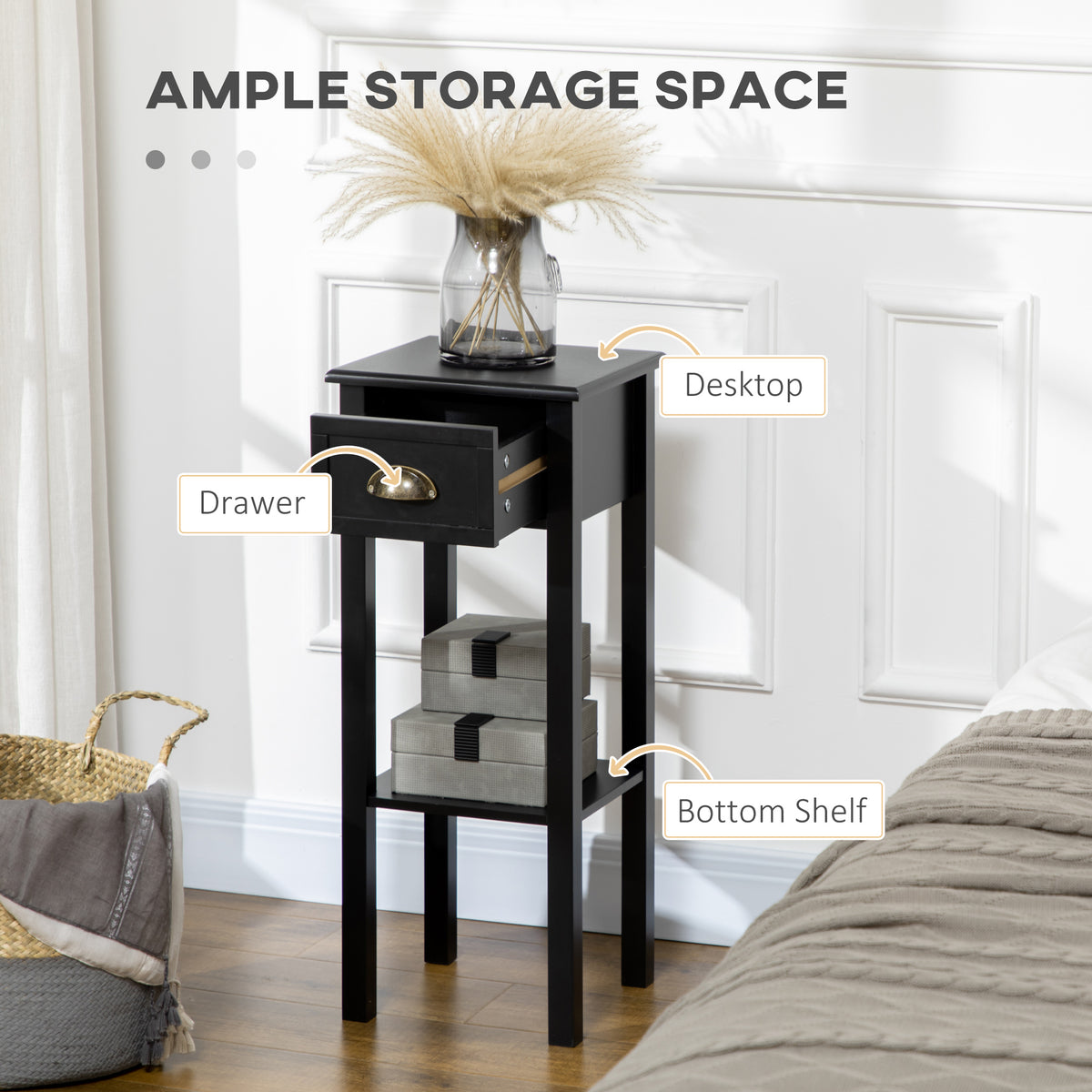 2-Tier Nightstand, Side Table with Drawer and Shelf for Living Room or Bedroom, Set of 2, Black