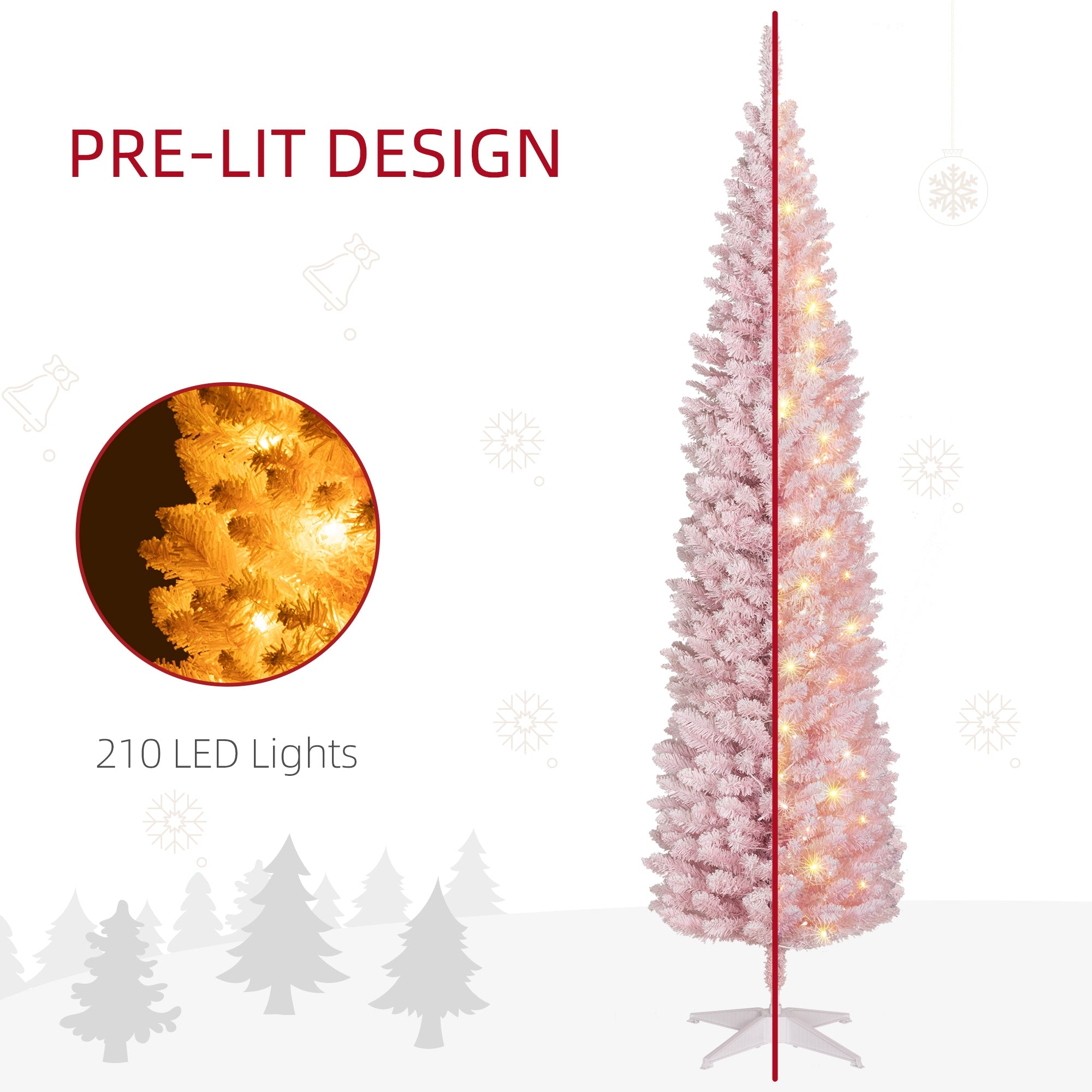 7ft Pencil Christmas Tree, Slim Artificial Christmas Tree with Snow Flocked Branches and Warm White LED Lights, Pink