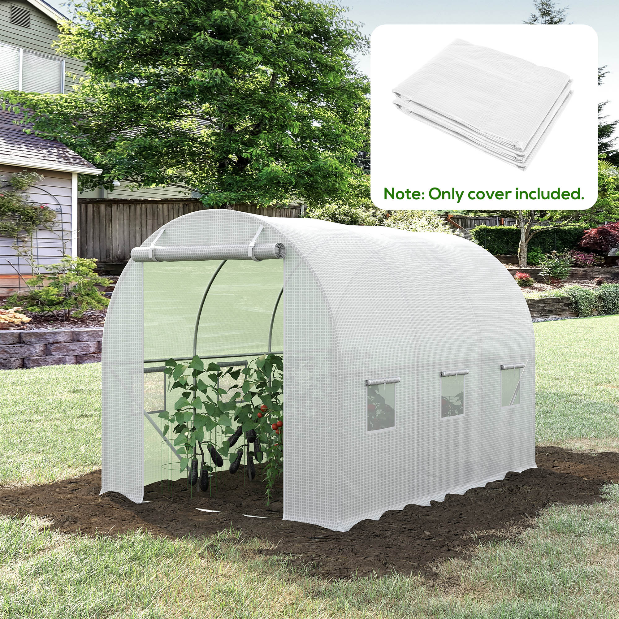 9.8' x 6.6' x 6.6' Plastic Greenhouse Cover Replacement, Heavy Duty Waterproof Tarp for Hoop House, Sheeting with 6 Windows, Door & Reinforcement Grid, White - White - Image 2