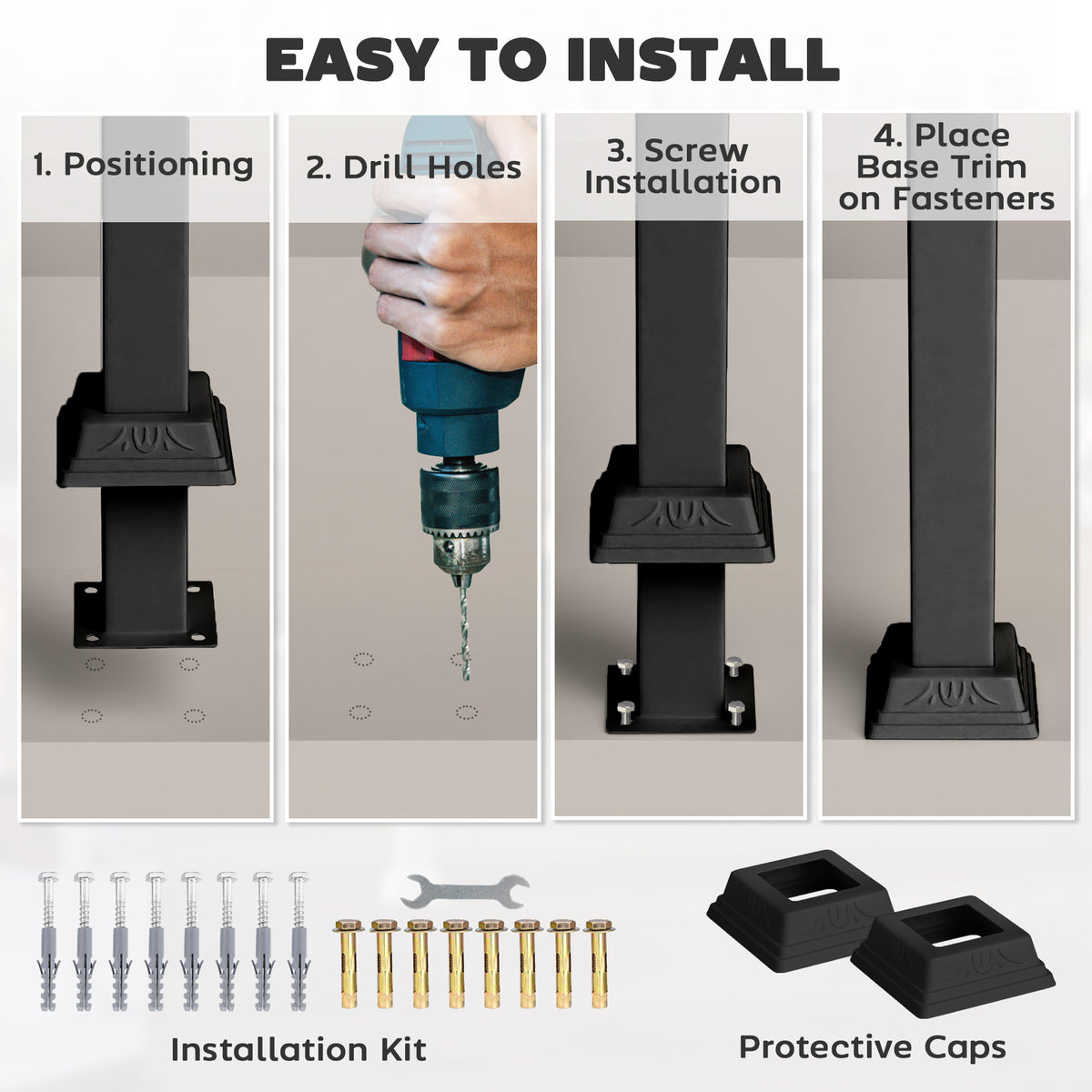1-3 Step Metal Handrails for Outdoor Steps, Porch Deck Stair Railing with Installation Kit for Concrete Steps, Black