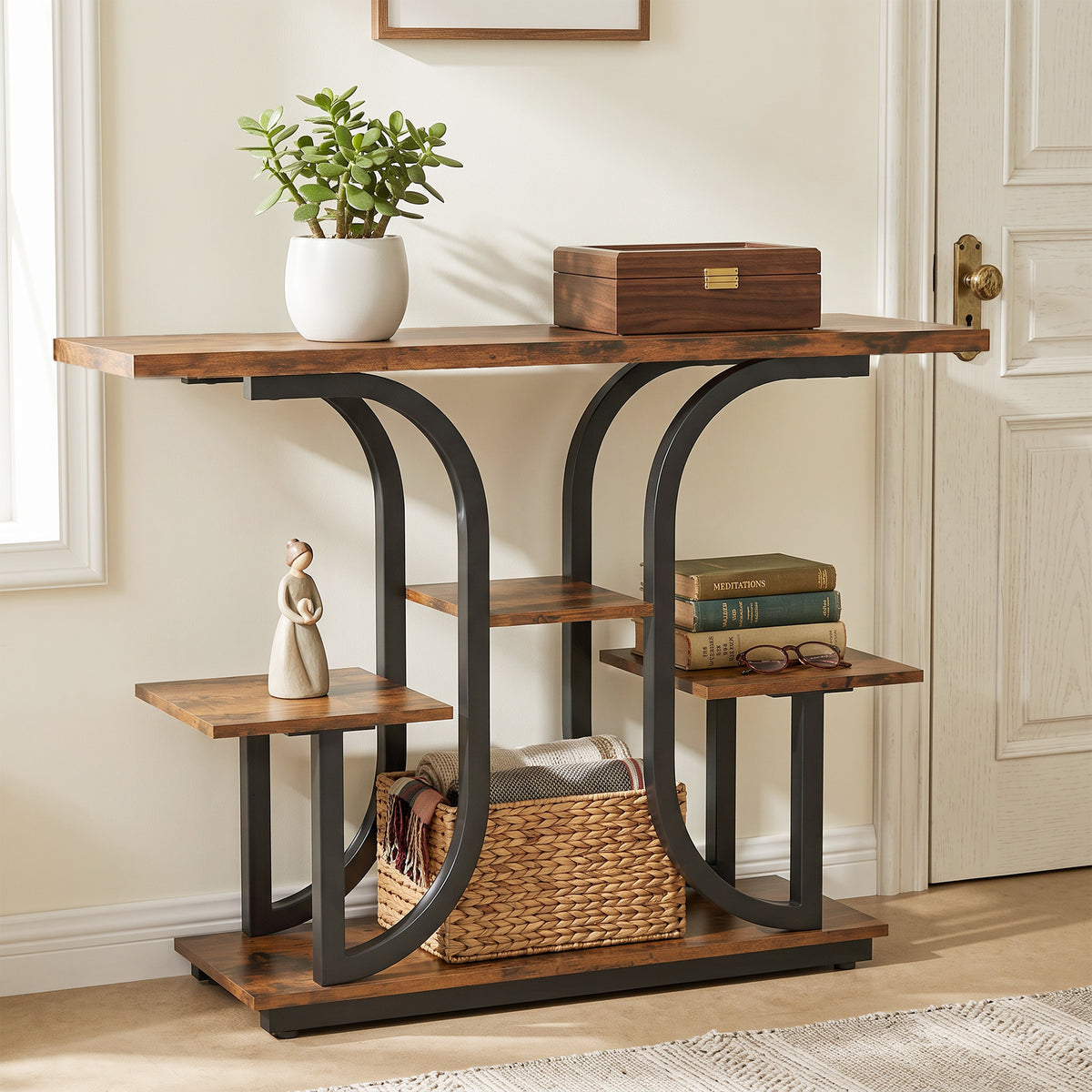 42.5" Modern Console Table, 3-Tier Narrow Entryway Table with Open Storage Shelves for Entryway, Rustic Brown
