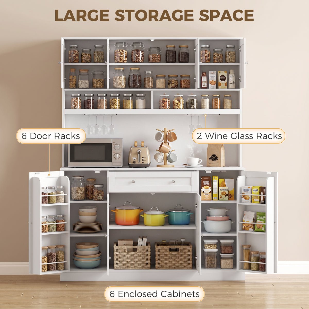 73" Pantry Cabinet with Charging Station, 55" Wide Kitchen Pantry with Microwave Stand, White