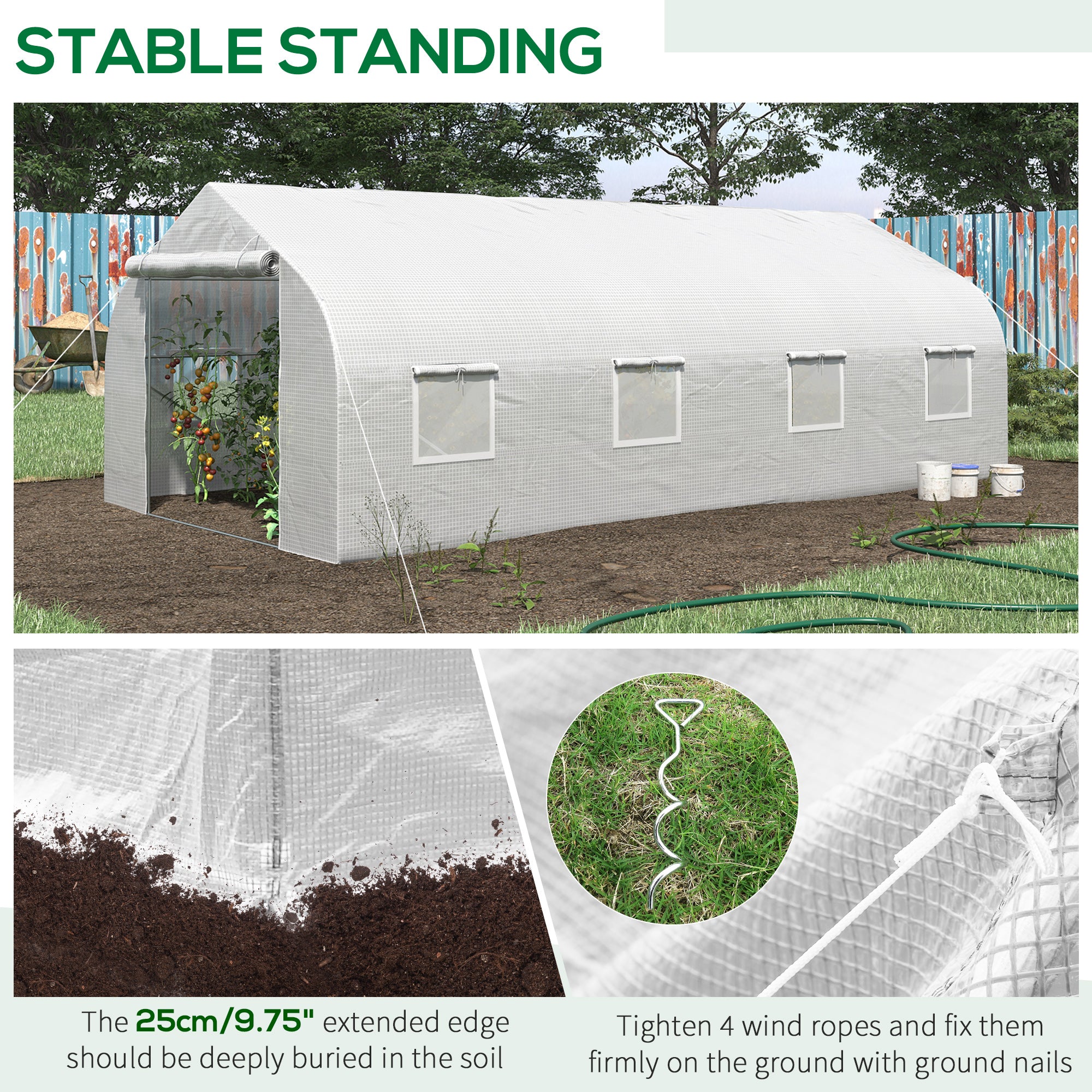 20' x 10' x 7' Walk-in Tunnel Greenhouse with Zippered Mesh Door & 8 Mesh Windows, Gardening Plant Hot House with Galvanized Steel Hoops, White - White - Image 5