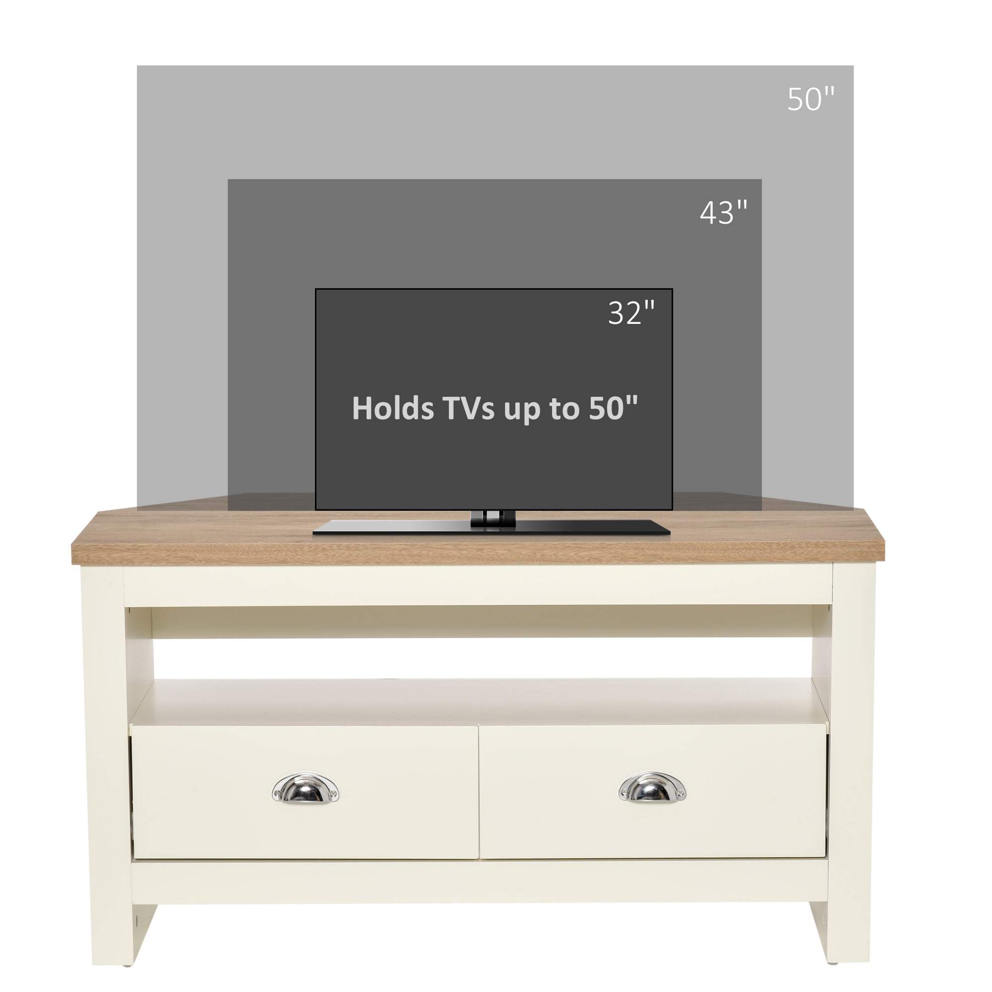 Entertainment Center TV Console Table, Corner TV Stand Up To 50" with Drawers and Open Storage Compartmen, White
