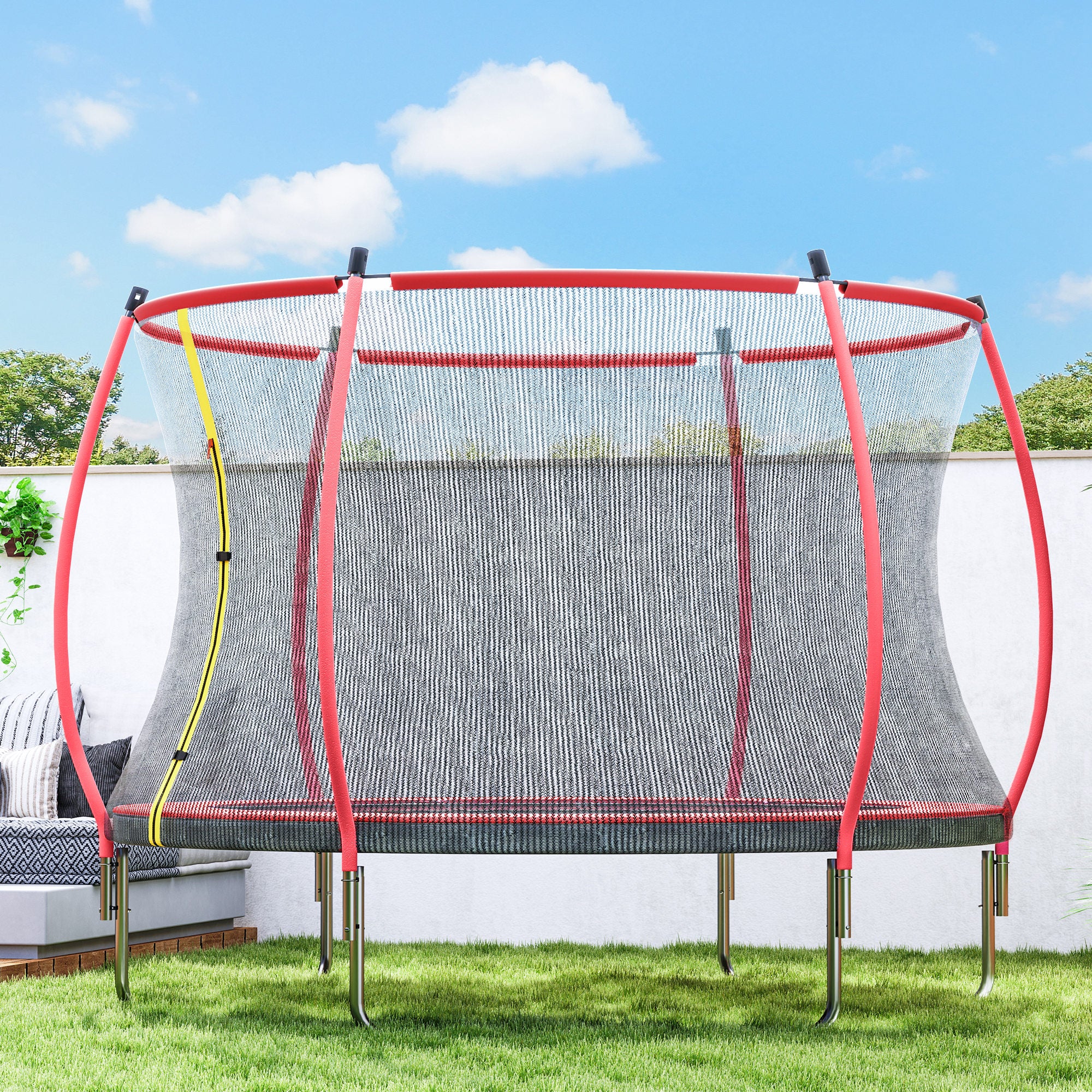 10ft Outdoor Trampoline with Net Enclosure, Curved Poles and Safety Pad, ASTM Approved, Red