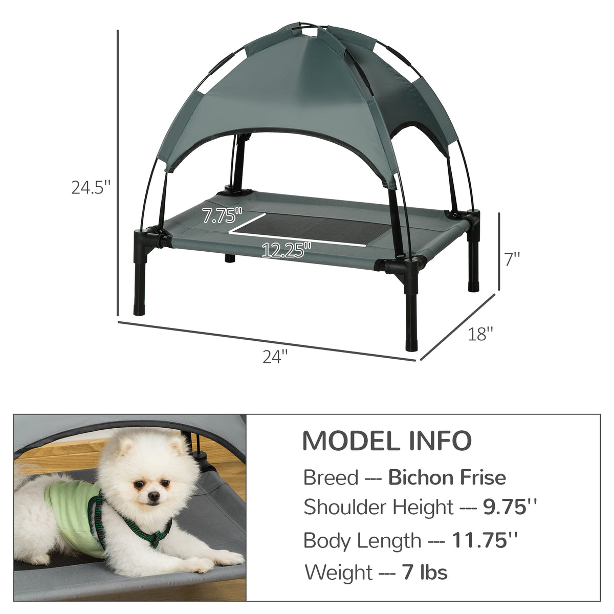 Elevated Dog Bed with Removable Canopy, Outdoor Dog Cot with UV Protection Canopy Shade, 24 inch Pet Bed for Camping, Gray - Grey - Image 3