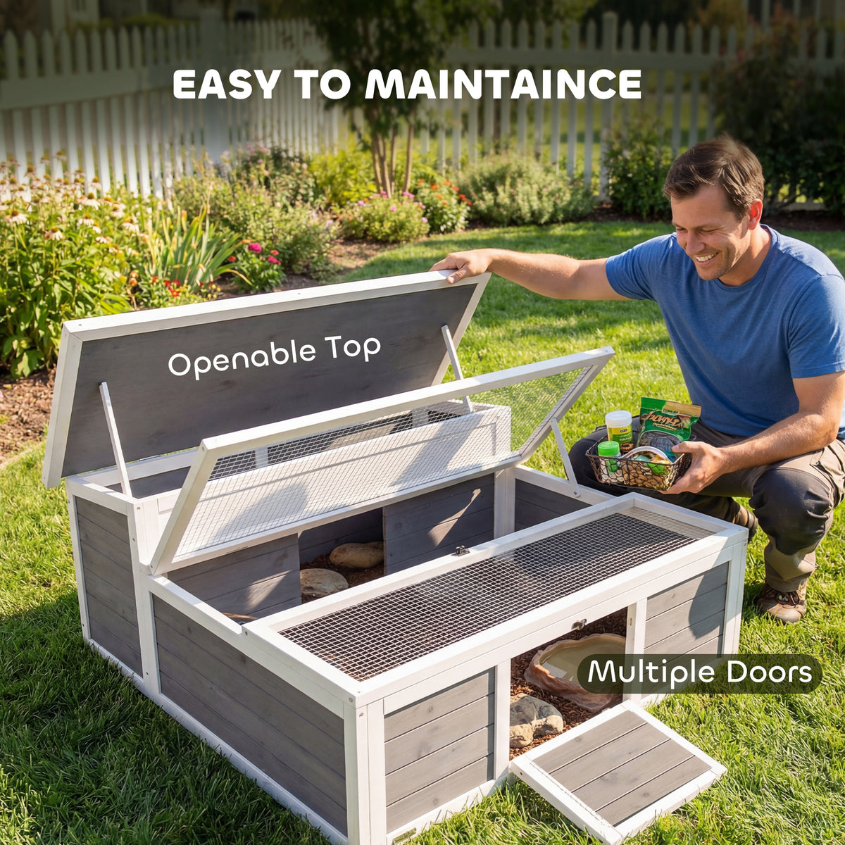 Tortoise Habitat Openable Top Wooden Tortoise Enclosure Run Area and Clear Window Dark Gray