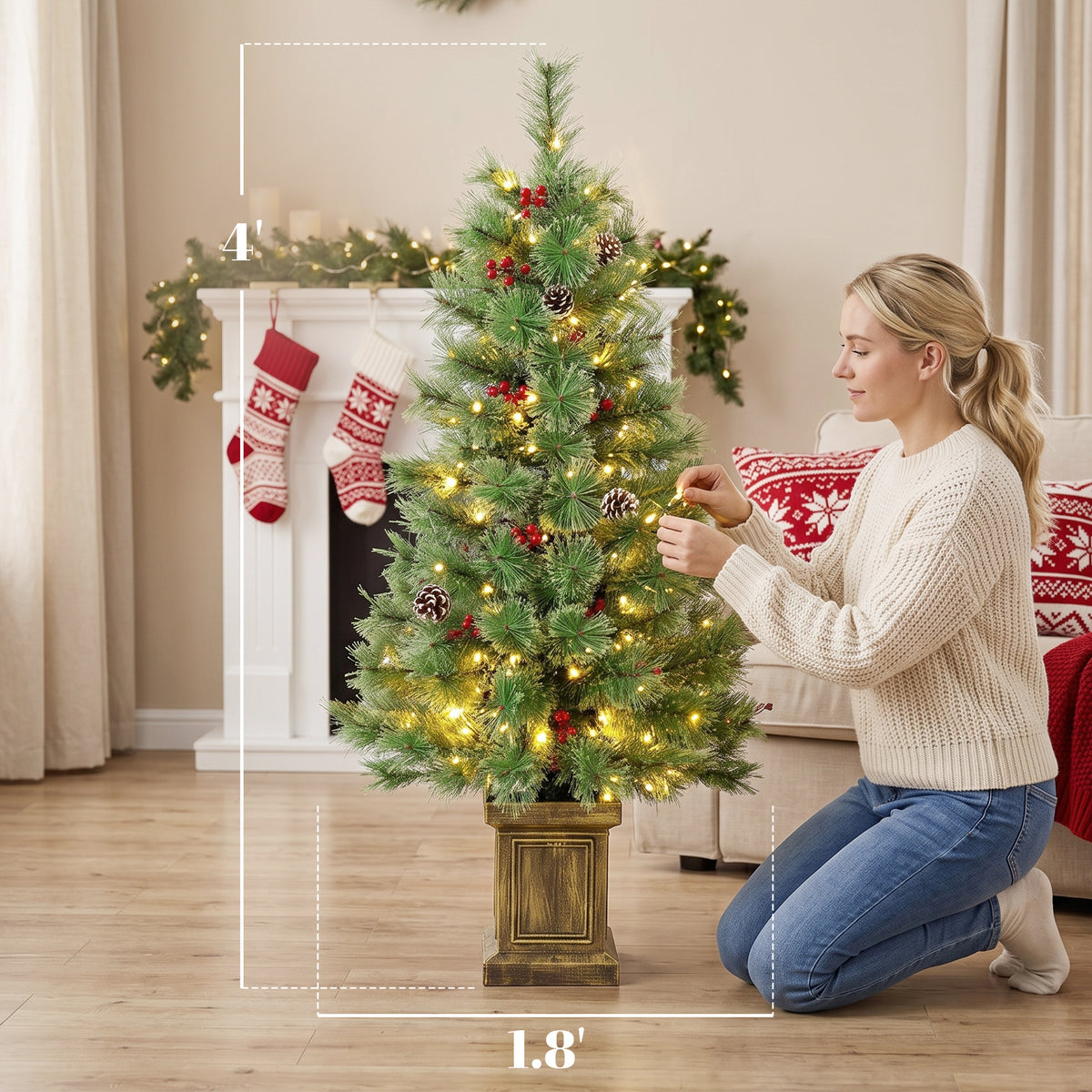 4ft Pre-Lit Artificial Christmas Tree Set of 2, Xmas Pine Trees, Dual Colors, Remote, Green