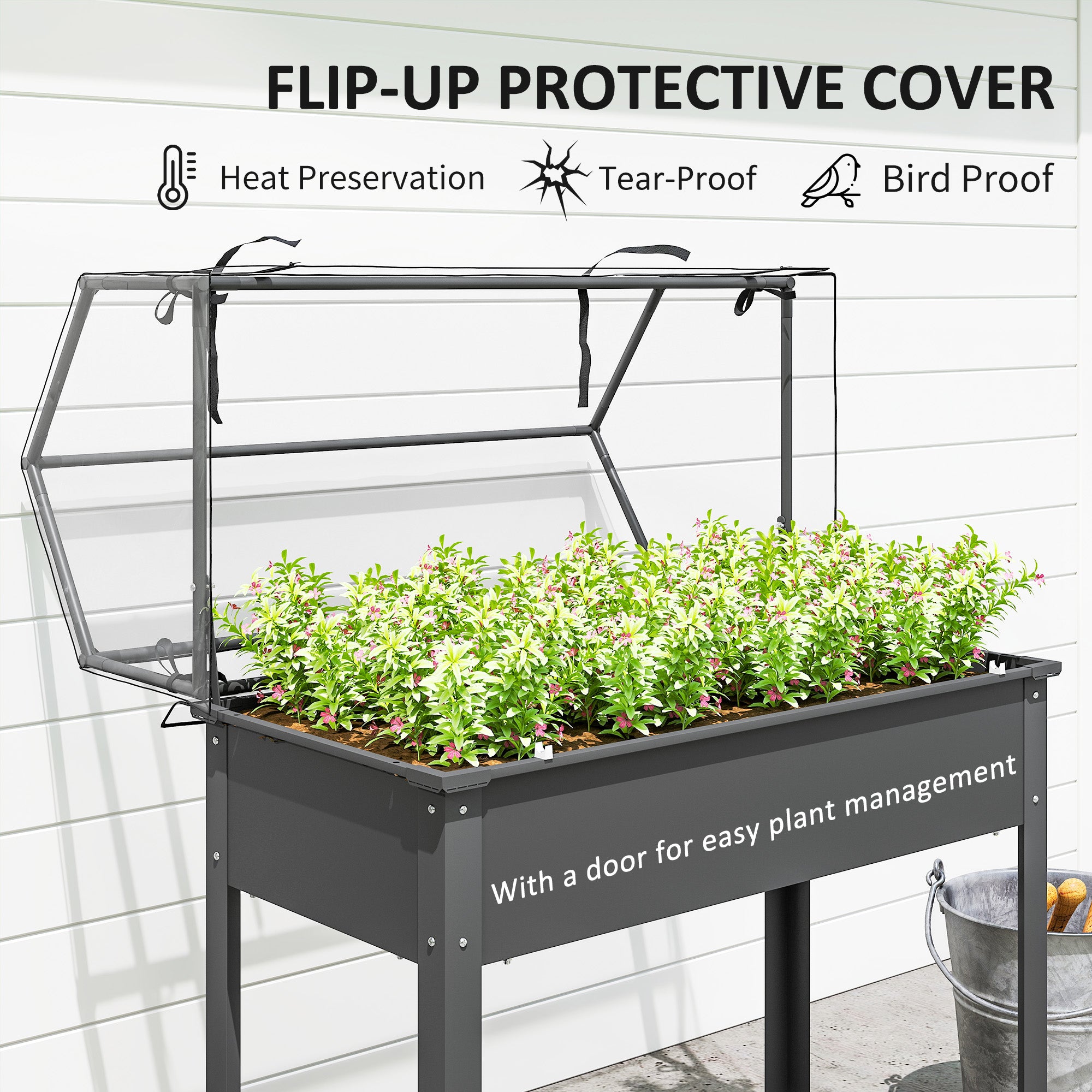 Elevated Garden Box with Greenhouse Cover, Raised Garden Bed with Legs and Drainage Hole for Vegetables, Dark Gray - Dark Gray - Image 4
