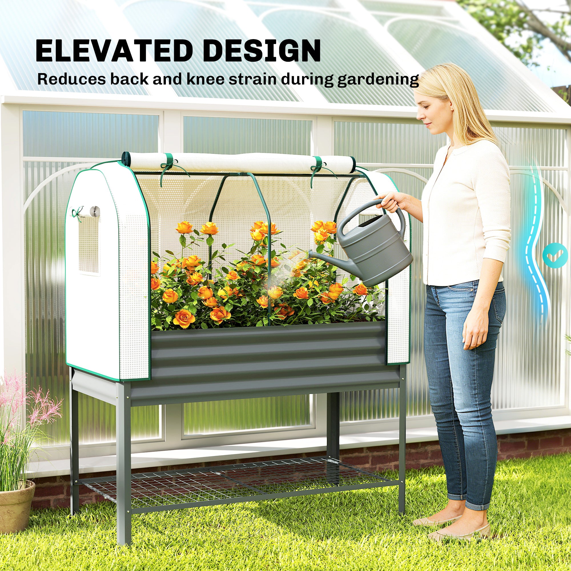 Galvanised Raised Garden Bed with Greenhouse Cover, Metal Elevated Garden Bed with Bed Liner, Bottom Shelf, Dark Gray - Dark Gray - Image 6