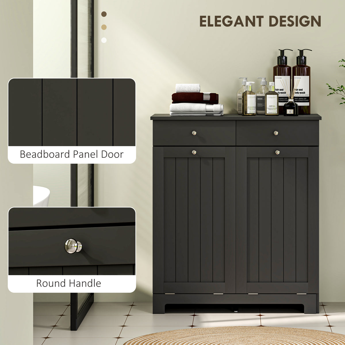 Laundry Hamper Cabinet, Laundry Cabinet with 2 Tilt Out Laundry Baskets and 2 Drawers, Black
