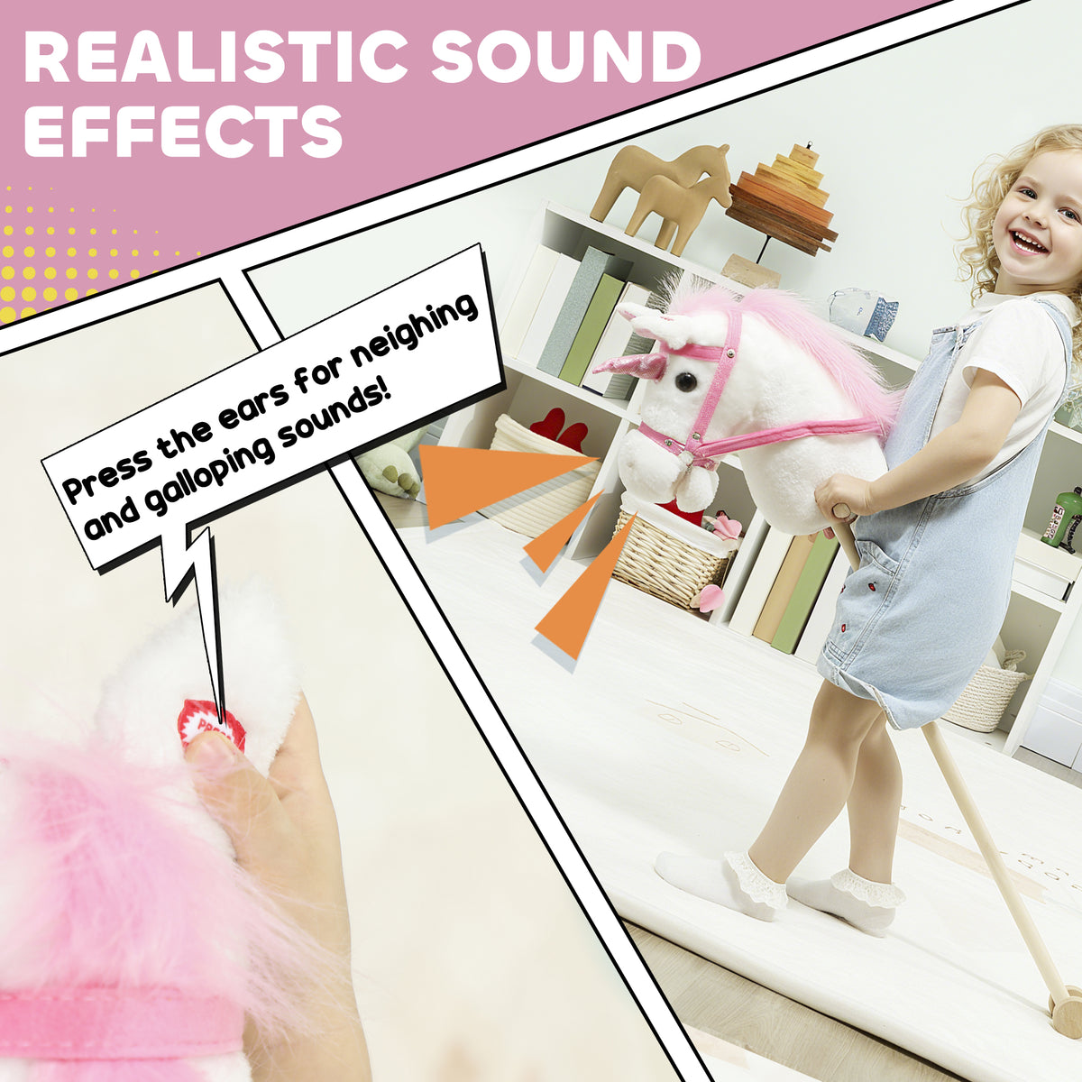 Stick Horse, Plush Handcrafted Hobby Horse with Wood Wheels, Real Pony Neighing and Galloping Sounds for Kids, White