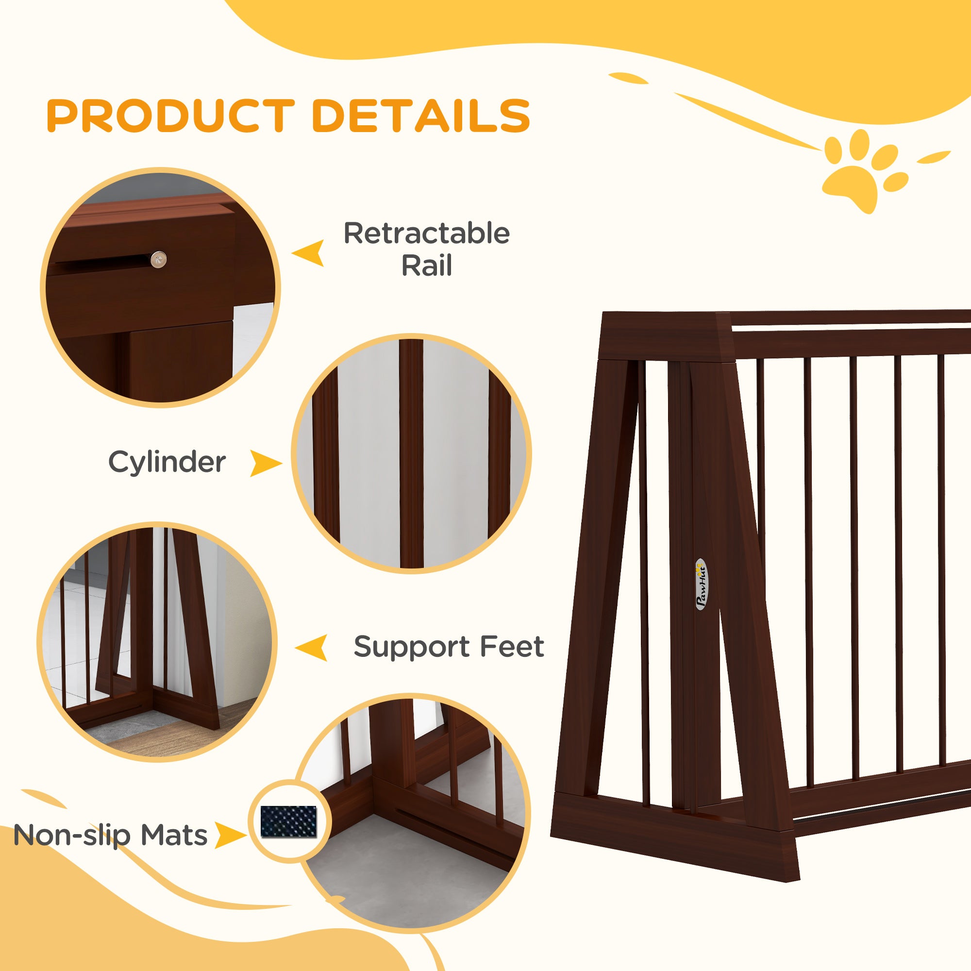 28"-75" Freestanding Wooden Pet Gate with Support Feet & Non-Slip Mats for Indoor, Stairway, Doorway, Brown - Brown - Image 7