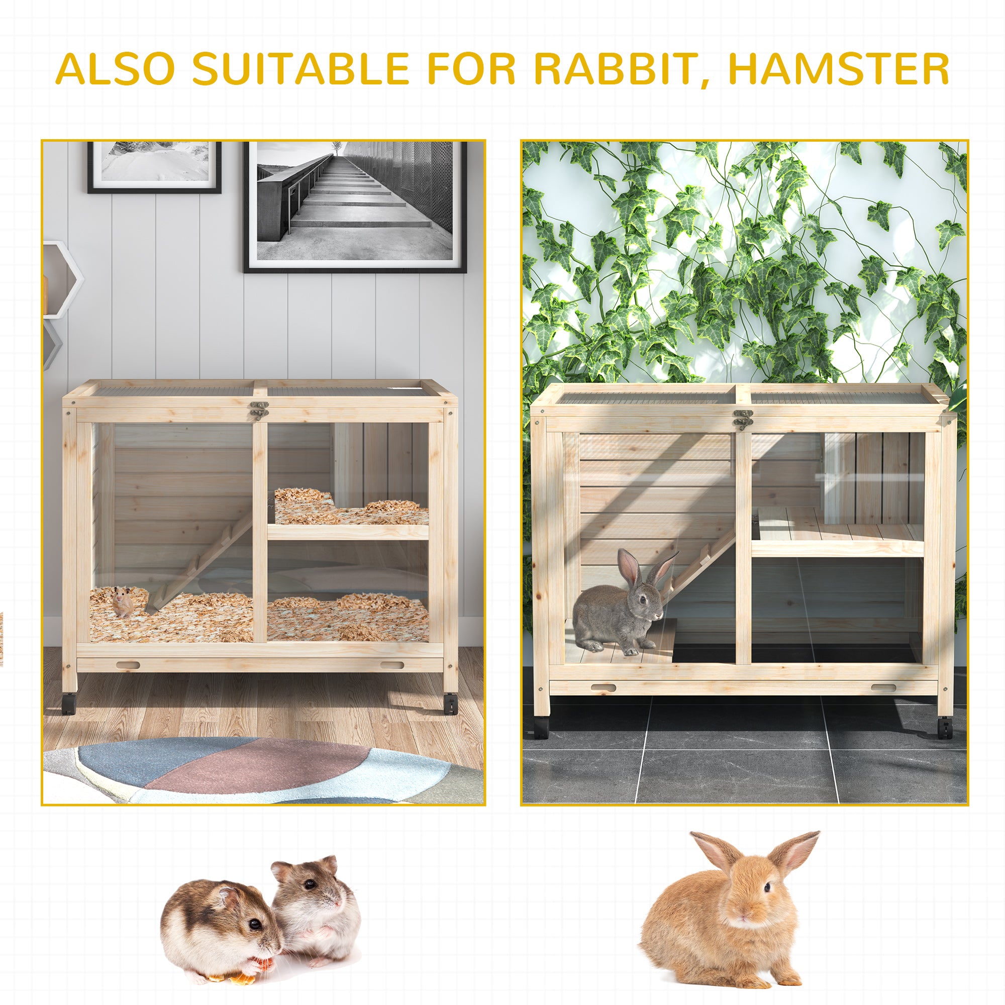 Rabbit Hutch with Wheels, Desk and Side Table Sized, Wooden Rabbit Cage, Waterproof Small Bunny Cage with Removable Tray, Openable Roof, for Rabbits, Chickens, Ducks, Indoor/Outdoor, Natural - Natural Wood - Image 7