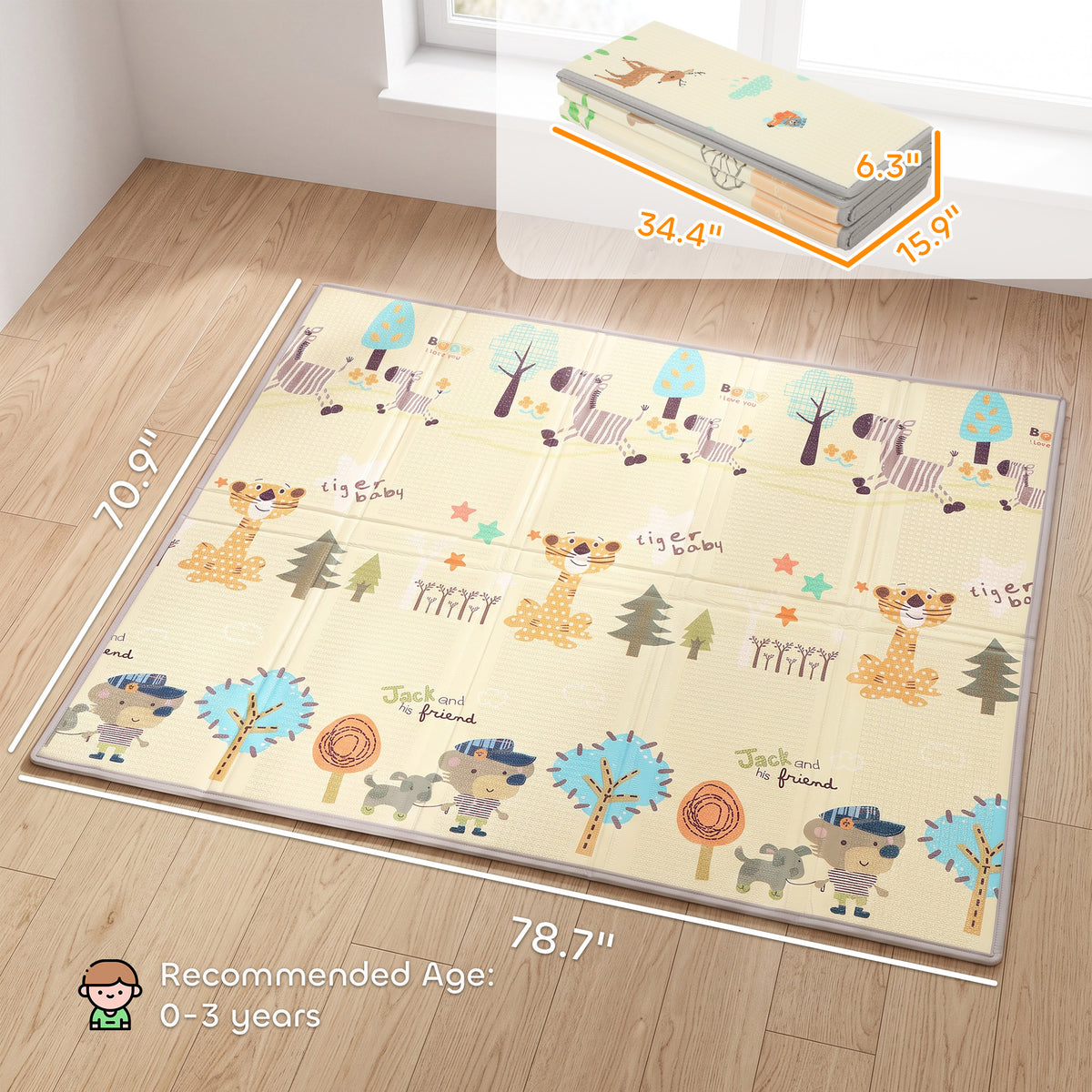 Foldable & Reversible Baby Play Mat, 79" x 71"Thick Play Mat for Floor, Waterproof Non-Slip, Forest Animals