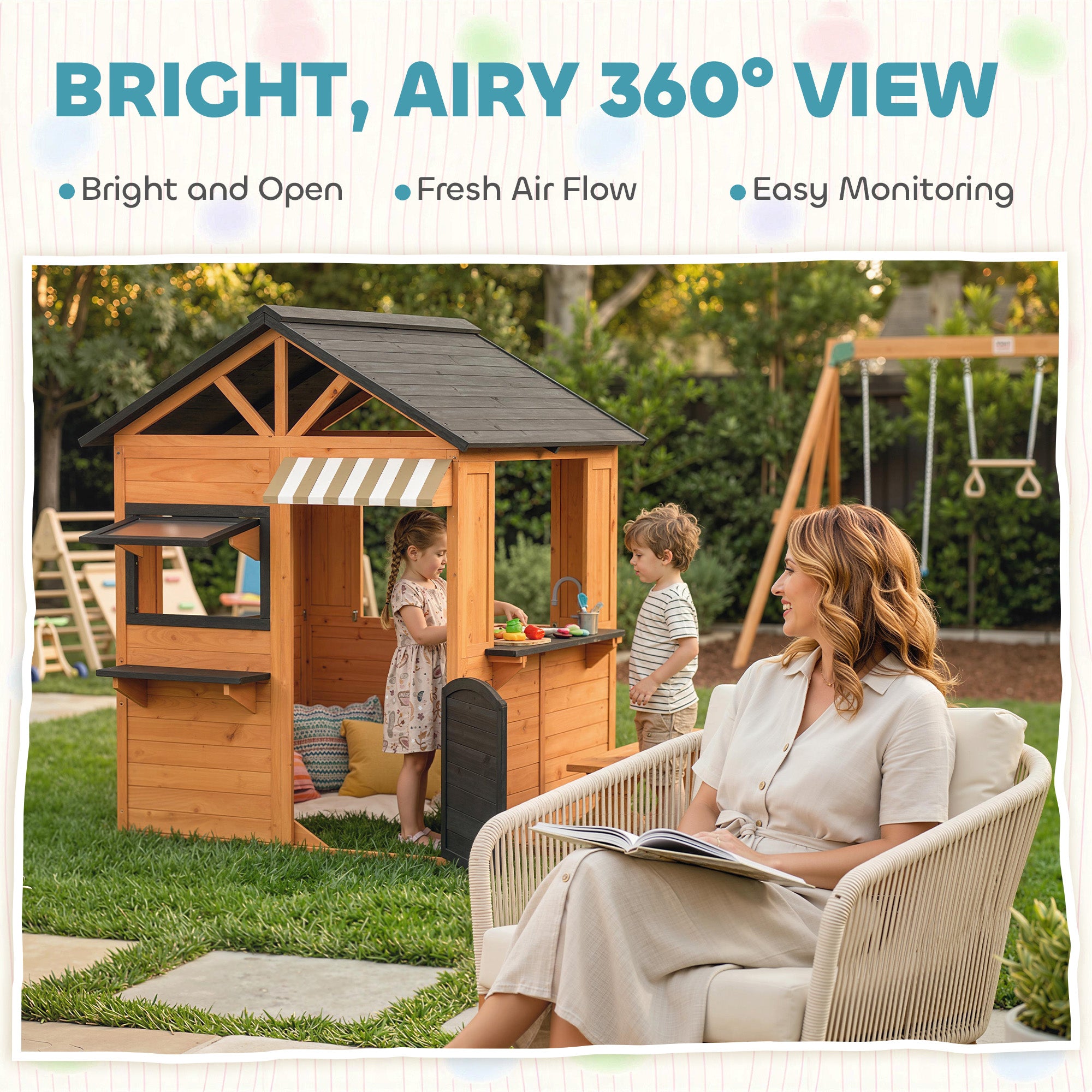 Wooden Kids Playhouse with Play Kitchen, Picnic Bench, Serving Station, Windows and Door for Backyard, Ages 3–8, Brown