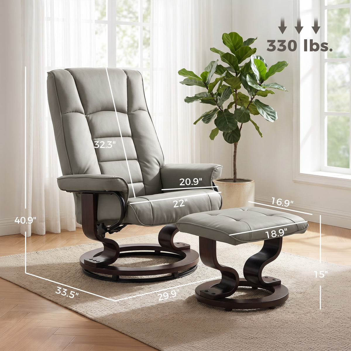 Faux Leather Reclining Chair with Ottoman, Manual Recliner with Tufted Back and Wood Frame for Living Room, Gray