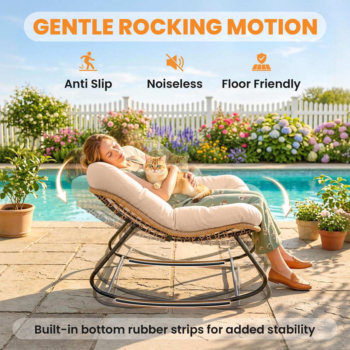 Indoor Outdoor Papasan Rocking Chair, Oversized Rocking Egg Chair with Cushion for Garden, Patio, Cream White