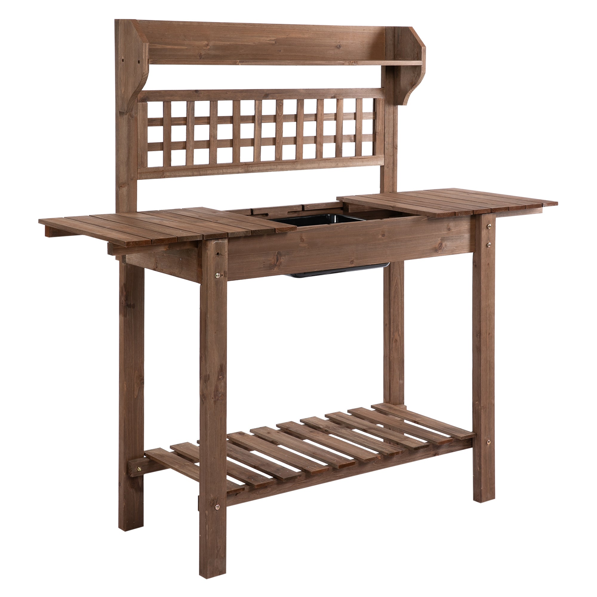 Outdoor Potting Bench Table, Wooden Workstation with Sliding Tabletop, Storage Shelf and Dry Sink, for Greenhouse, Garden, Patio, Brown - Brown