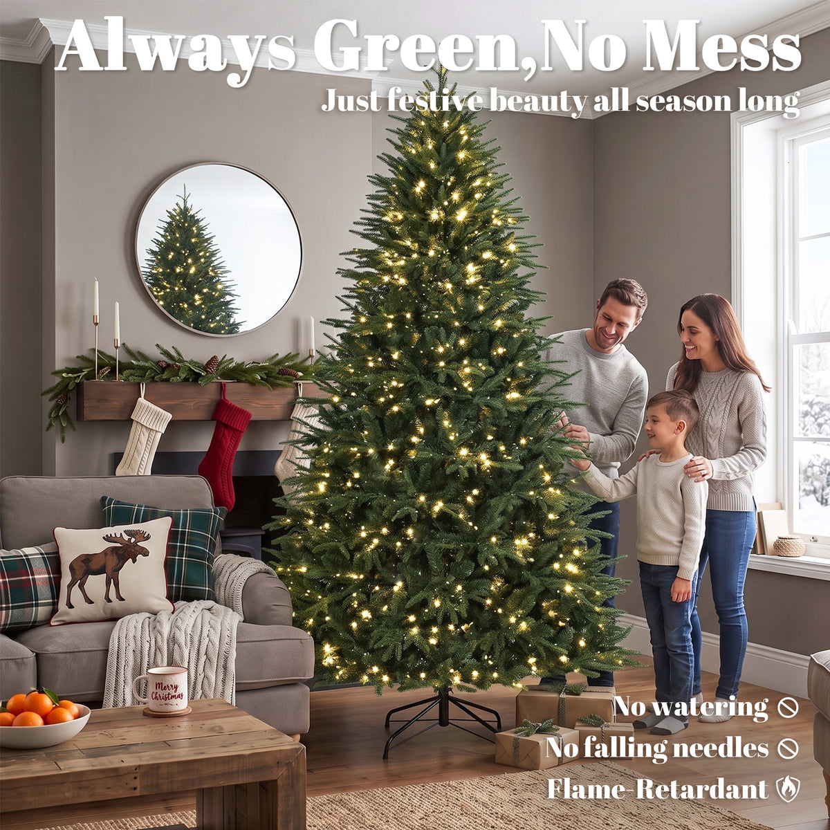 7.5ft Pre-lit Classic Artificial Christmas Tree with 3,719 Branch Tips 1000 Warm White LED Lights, Green