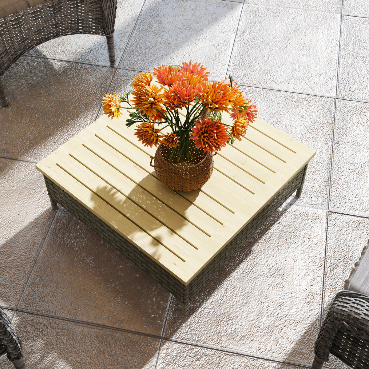 Outdoor Side Table with PE Rattan, Patio End Table with Natural Fir Wood Top, Weather Resistant Accent Table for Patio Pool Porch, Gray