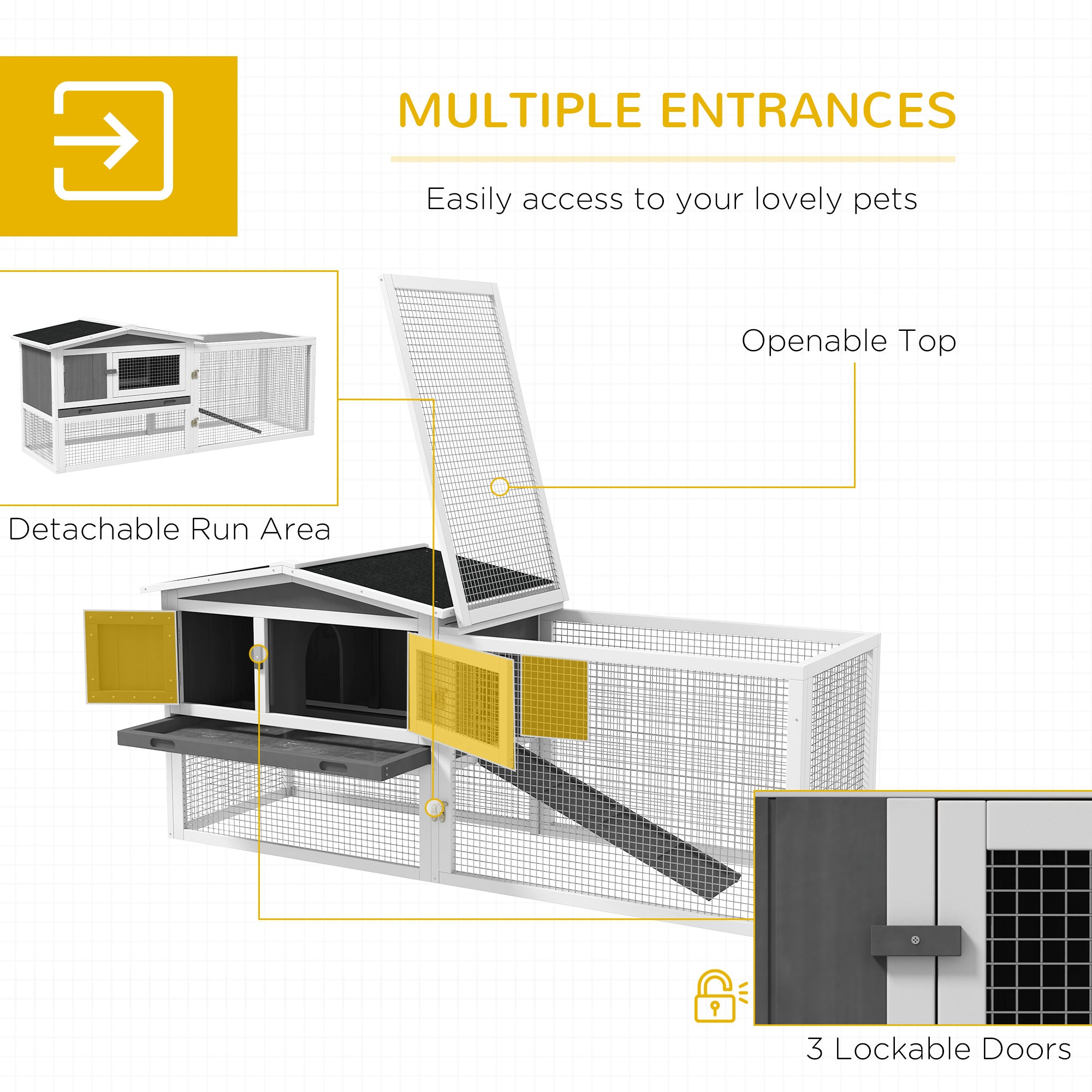 Rabbit Hutch 2-Story Bunny Cage, Guinea Pig Cage Indoor Outdoor, Small Animal House with Slide Out Tray, for Rabbits, Chickens, Ducks, 61.5" x 23" x 27", Light Gray - Light Grey - Image 4