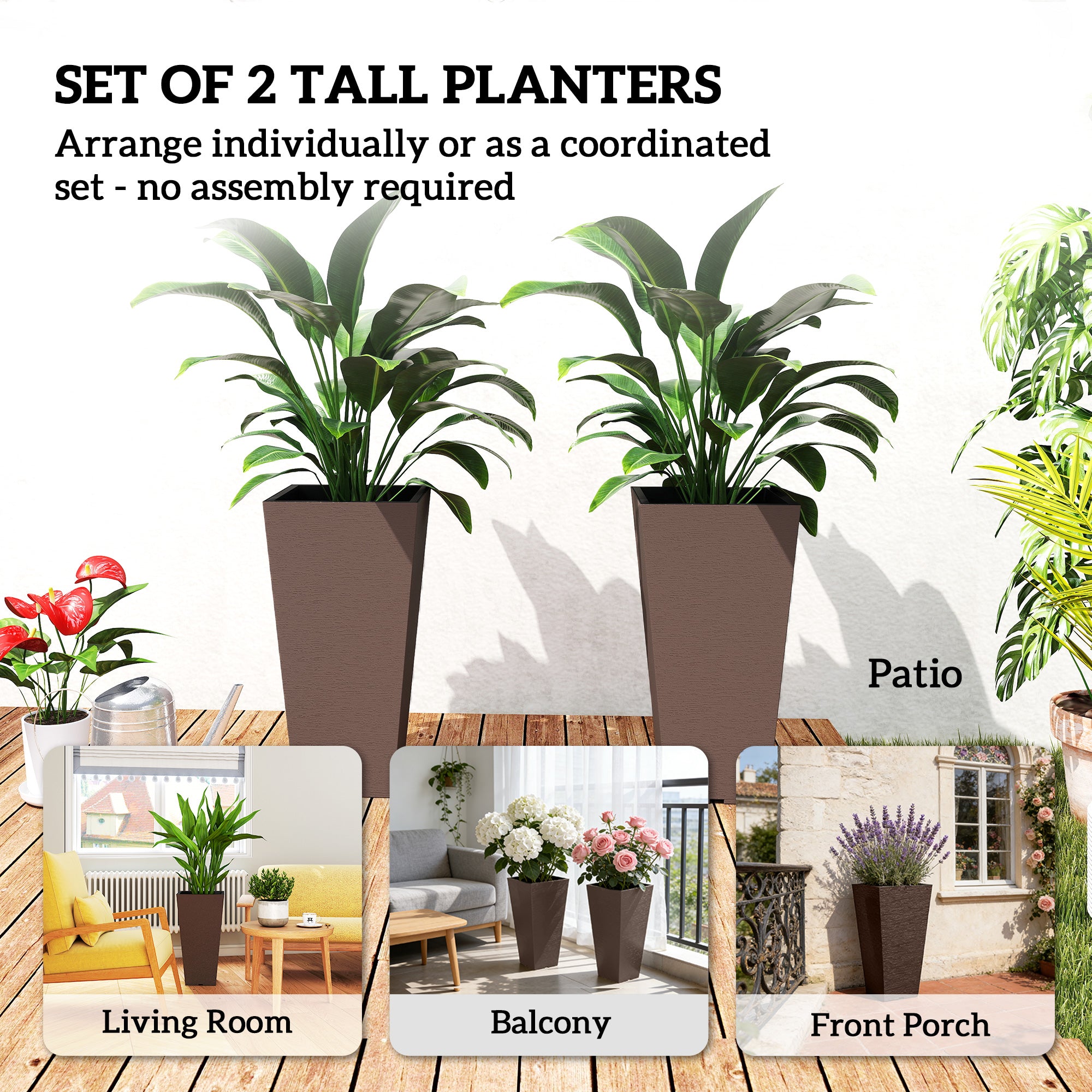 23 Inch Tall Planters for Outdoor Plants, Set of 2 Plastic Flower Pots, for Front Door Patio Garden Use, Brown - Brown - Image 4