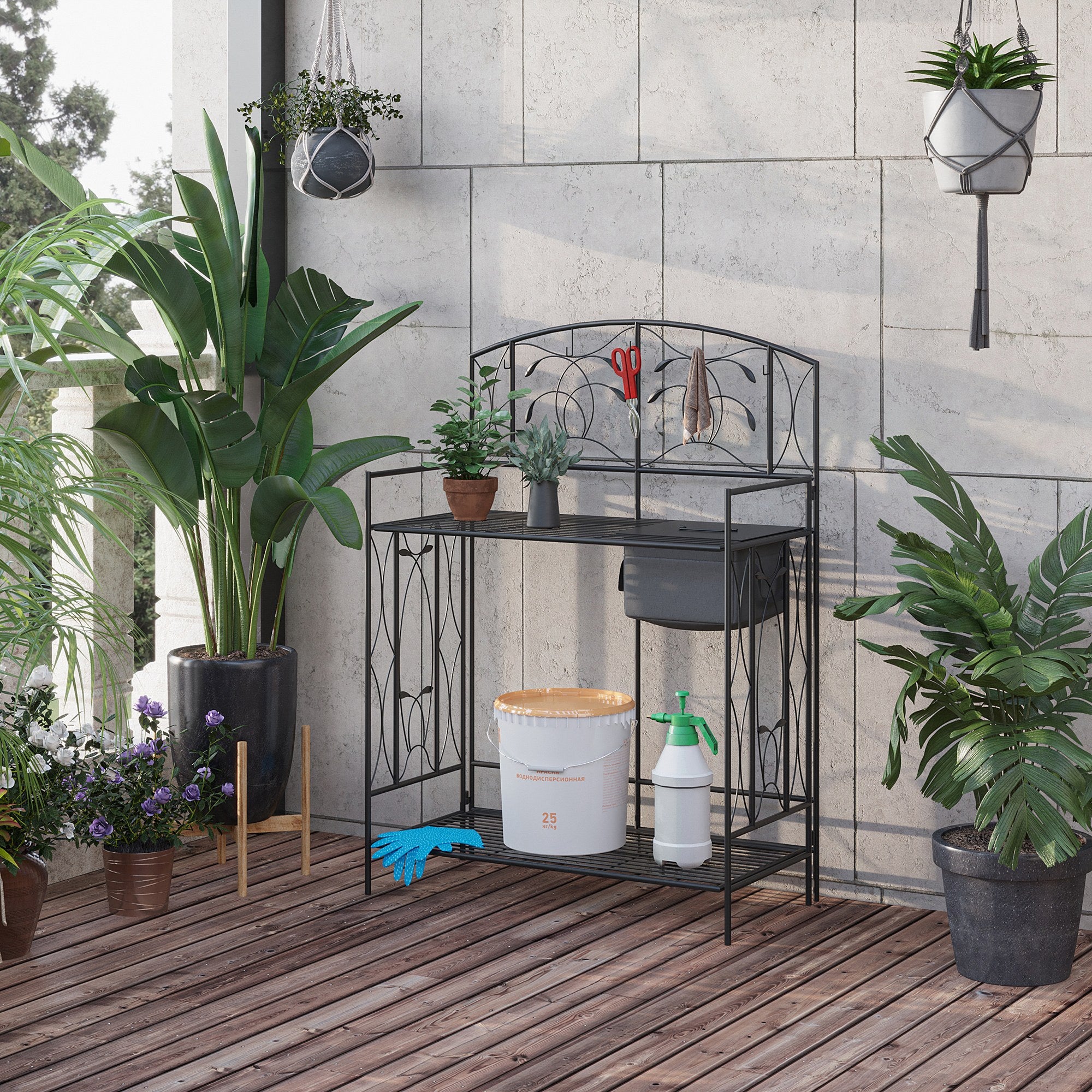 Folding Potting Bench Table, Metal Garden Workstation, Work Bench with Large Built-in Bag with Cover, 5 Hanging Hooks & Storage Shelf, Leaf Pattern - Black - Image 2