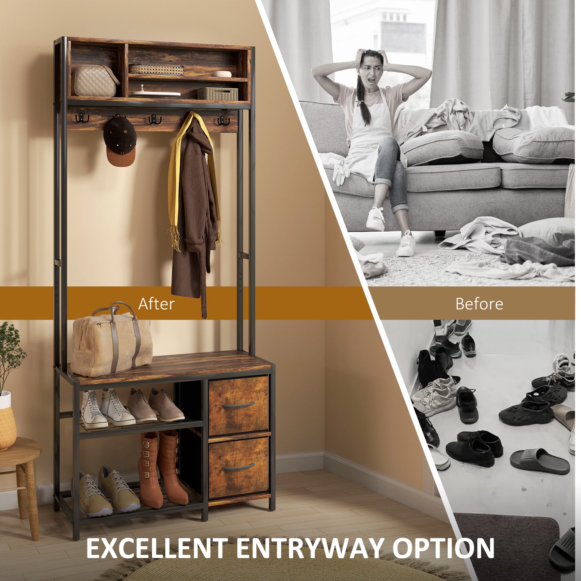 Hall Tree with Bench and Shoe Storage, 5-in-1 Entryway Bench with Coat Rack, 3 Storage Shelves, 2 Fabric Drawers, Brown
