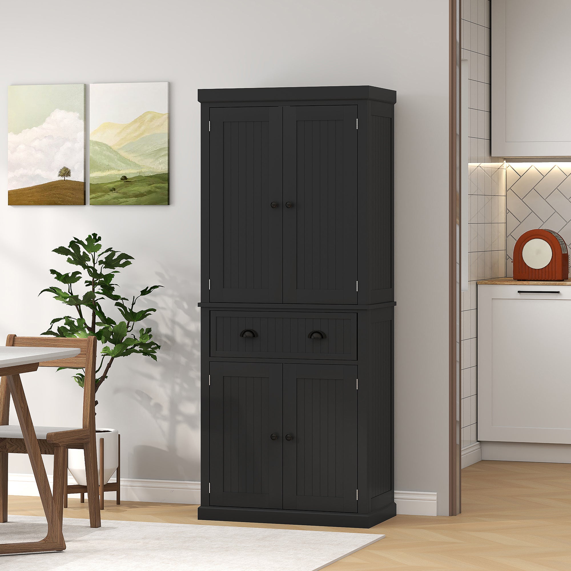 72" Kitchen Pantry Storage Cabinet, Cupboard with 4 Doors and 3 Adjustable Shelves, Large Central Drawer, Black