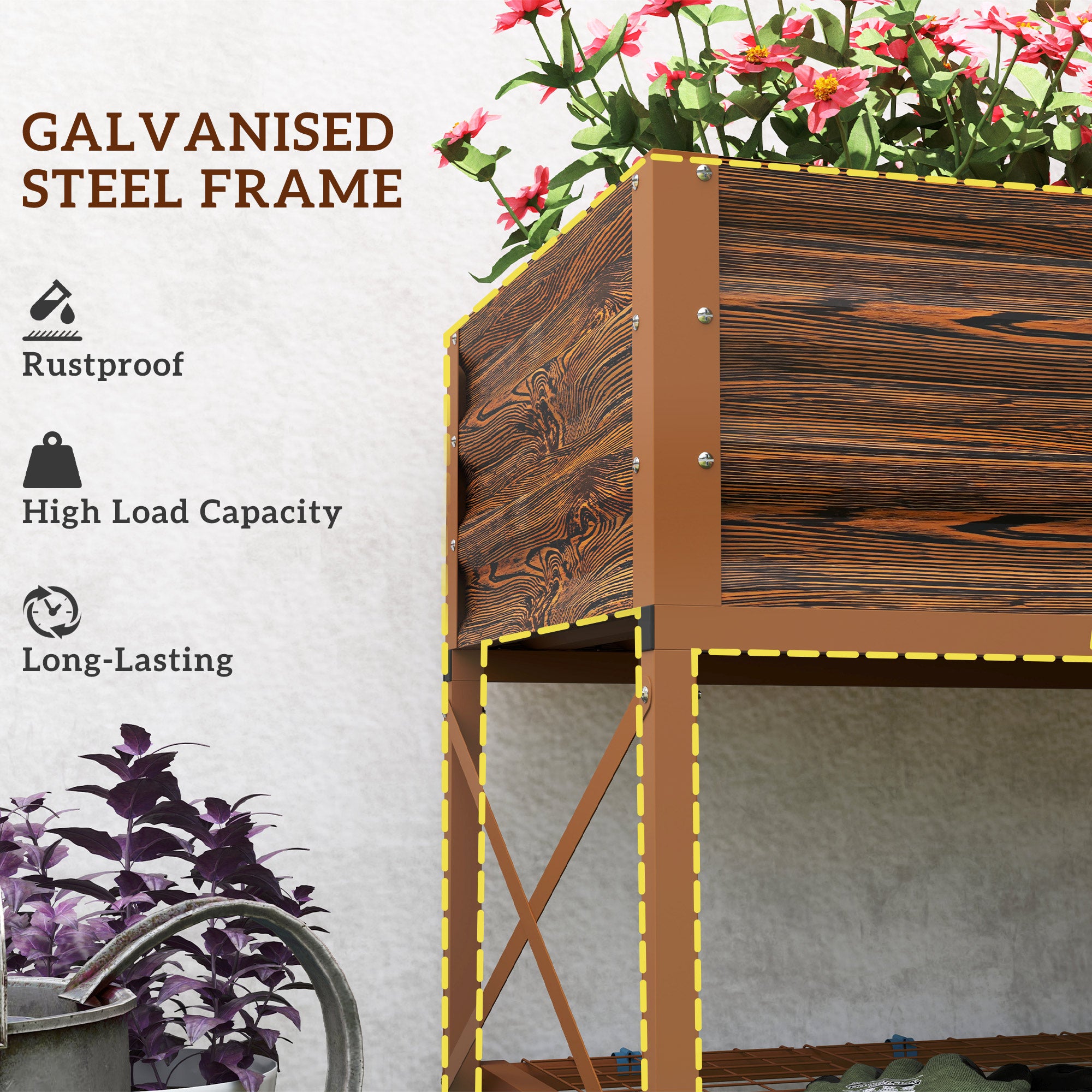 Galvanized Raised Garden Bed, Metal Planter Box with Legs, Storage Shelf and Bed Liner, Dark Brown - Brown - Image 6