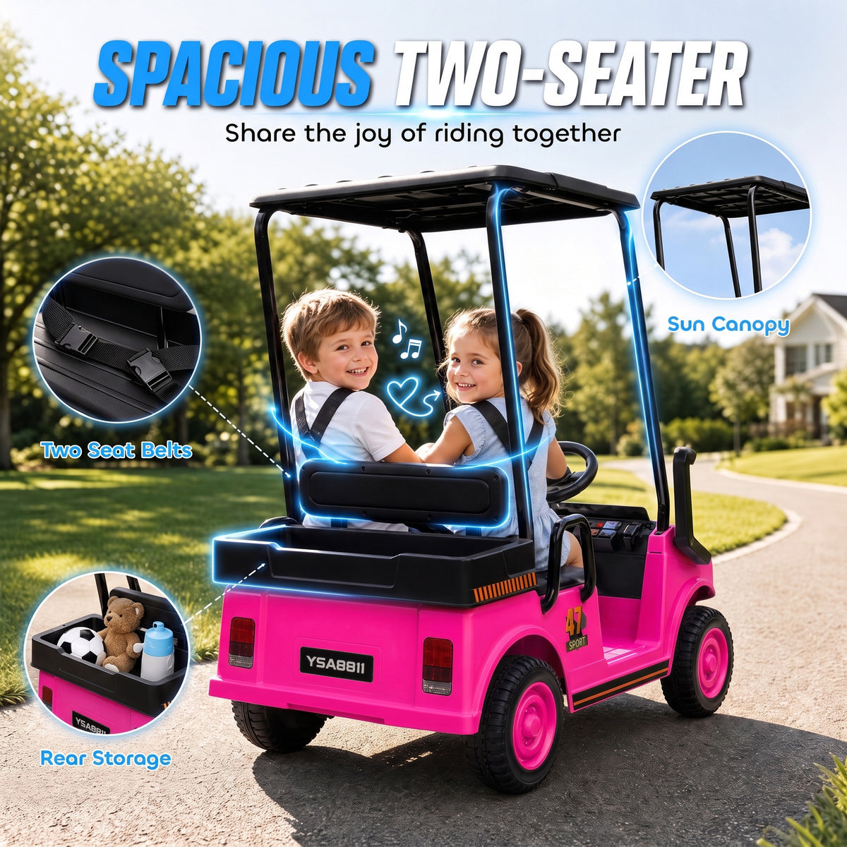 24V Kids Golf Cart 2WD 2-Seater with Remote, Soft Start, Rear Suspension, Sunshade, Storage, Gift for 3-6 Years, Pink