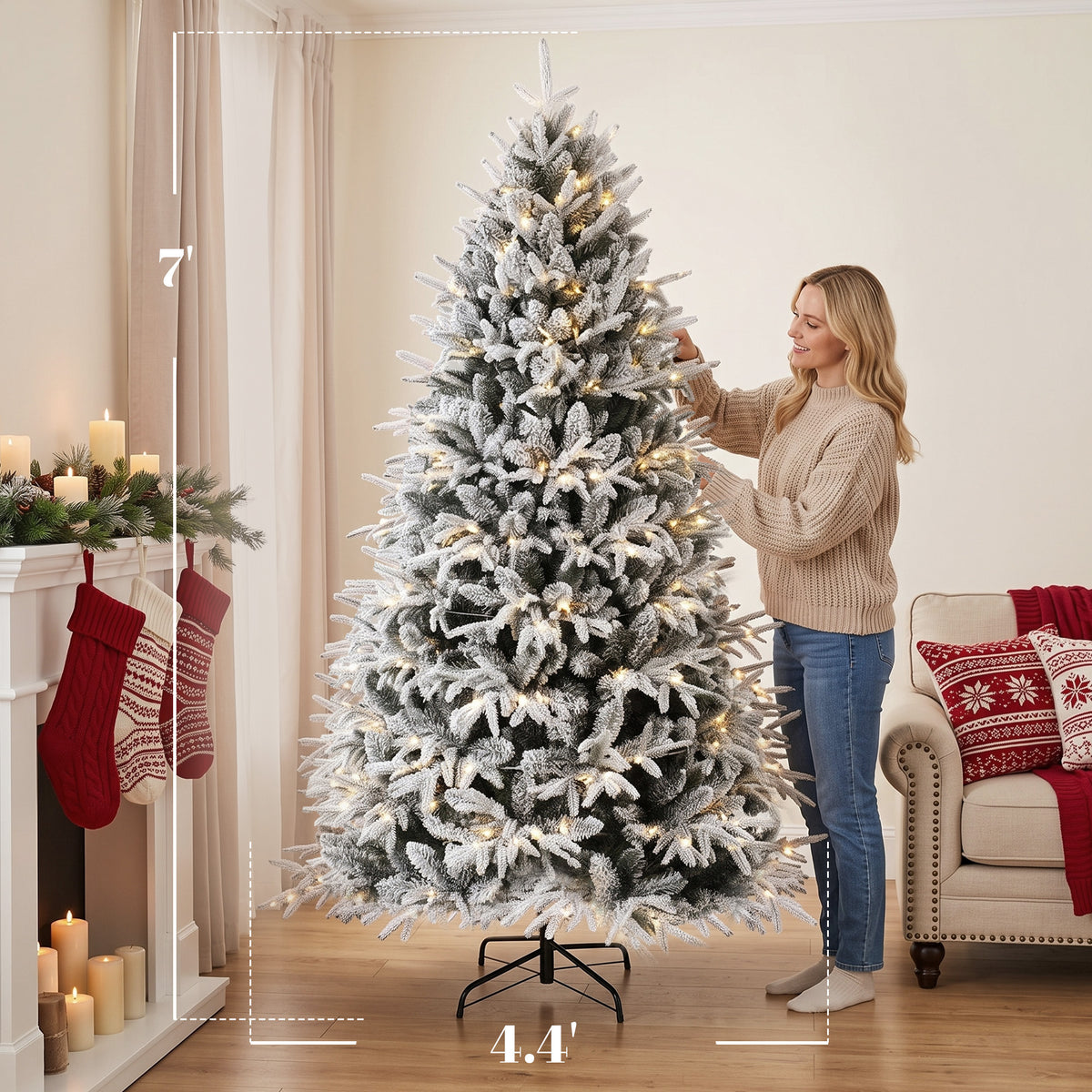 7ft Flocked Prelit Christmas Tree, Hinged Xmas Tree with 2679 Tips, 350 Warm White LED Lights, Green White