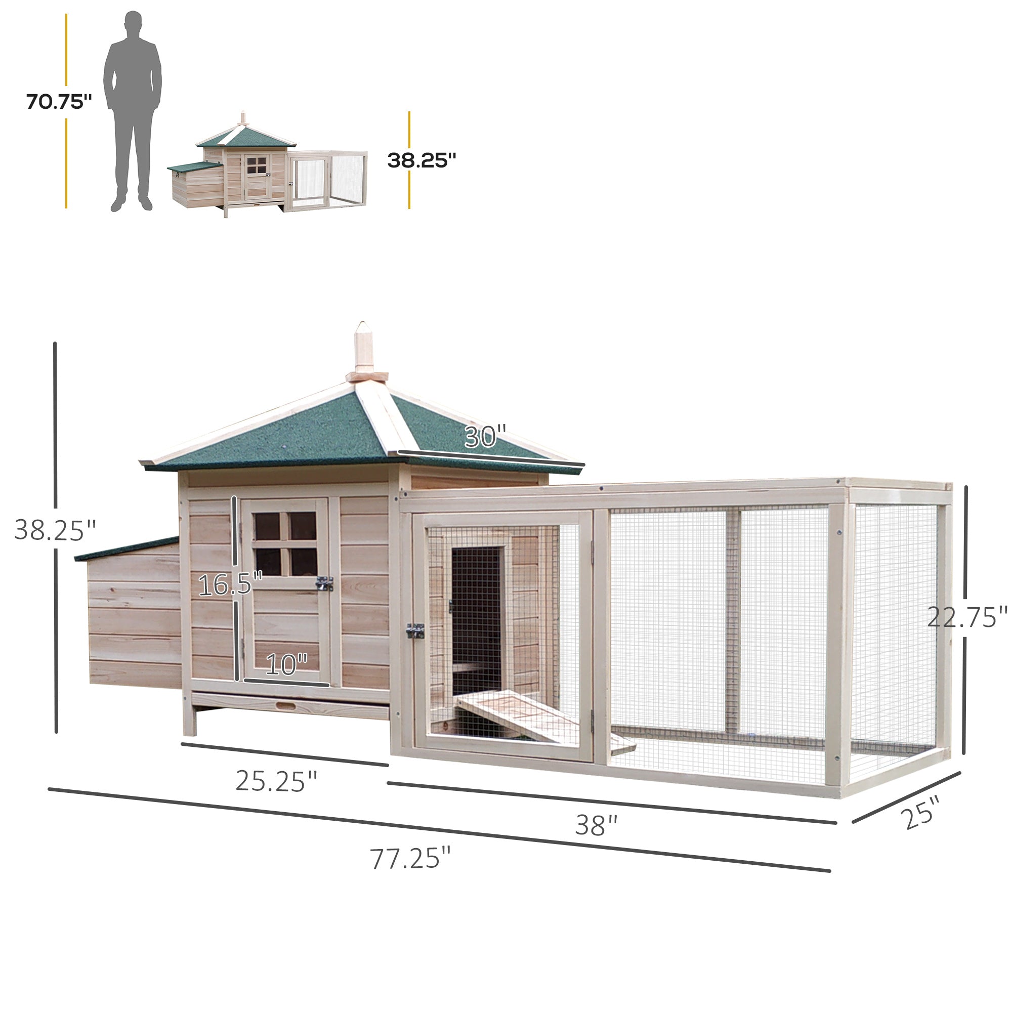 77" Wooden Chicken Coop with Nesting Box, Cute Outdoor Hen House with Removable Tray, Ramp Run, for Garden Backyard, Natural - Natural Wood - Image 3