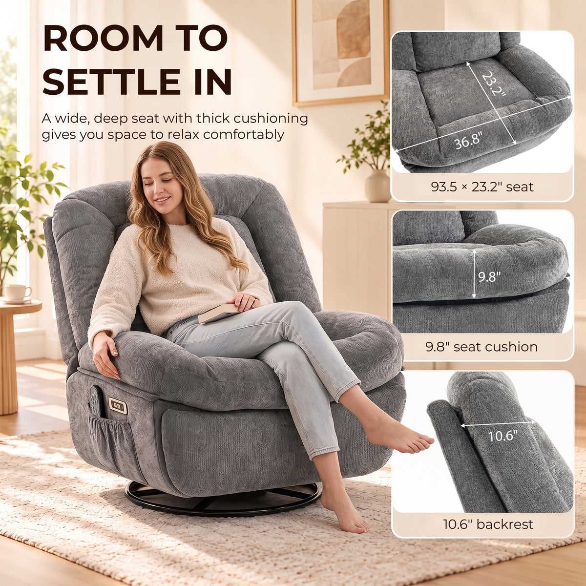 Oversized Power Recliner Chair with Massage and Heat, USB Port, Overstuffed Chenille Swivel Rocker Recliner, Gray