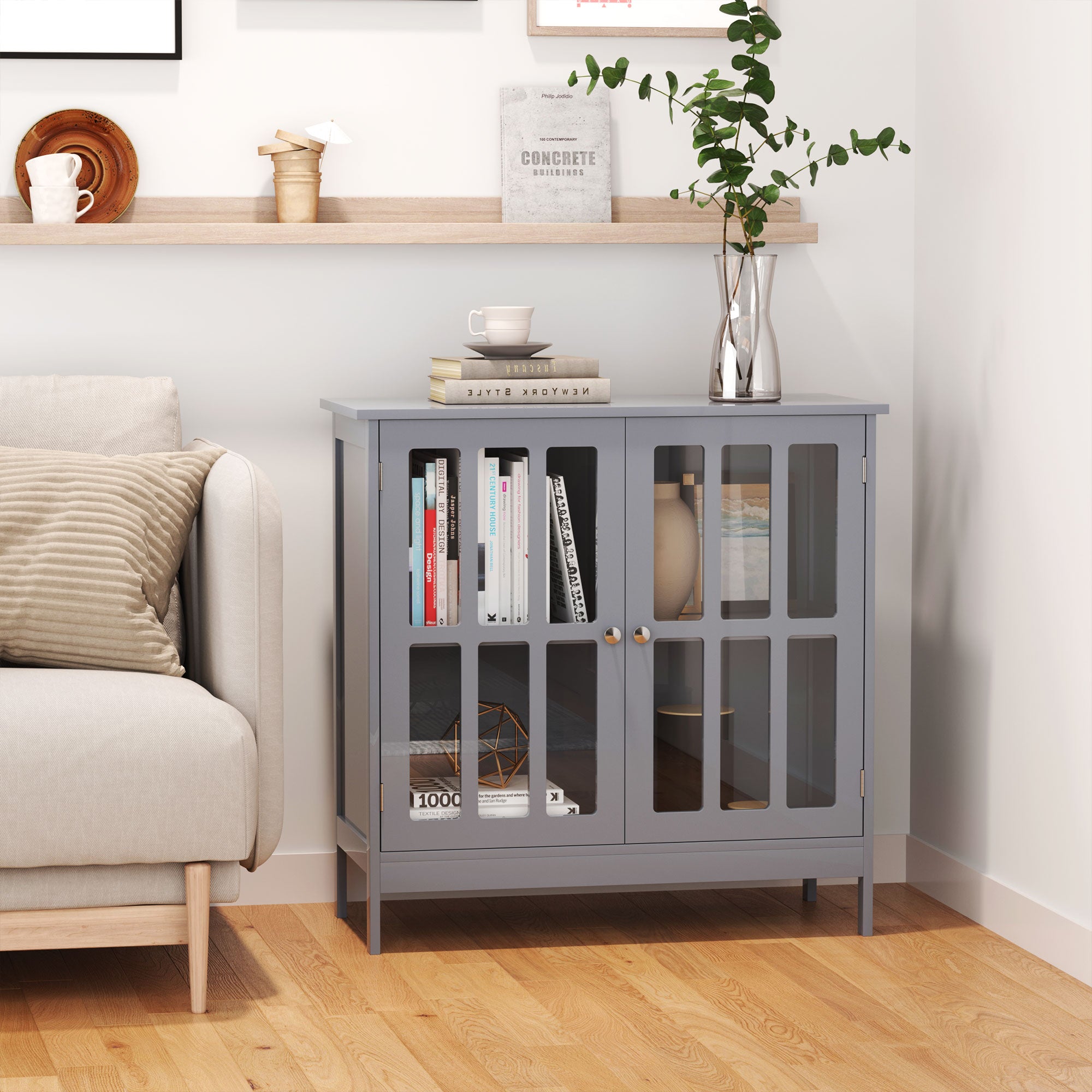 Contemporary Storage Cabinet, Cupboard Buffet Credenza with 2 Doors for Kitchen, Hallway, Living Room, Gray