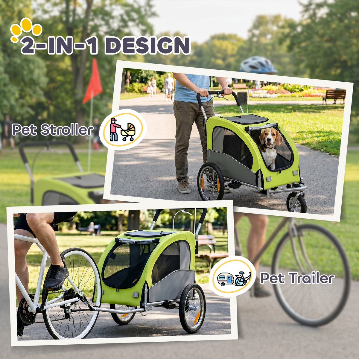2 in 1 Dog Bike Trailer, Foldable Pet Stroller, Dog Bicycle Trailer with Suspension, for Medium Dogs up to 44 LBS, Green