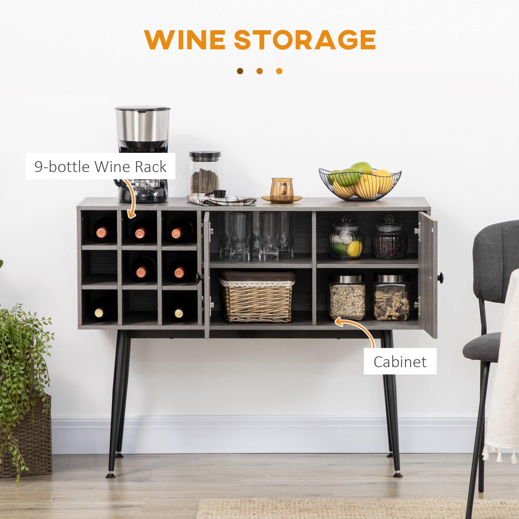 Coffee Bar Cabinet 9-Bottle Wine Rack and Adjustable Shelf, Sideboard Buffet Cabinet Wine Cabinet for Living Room