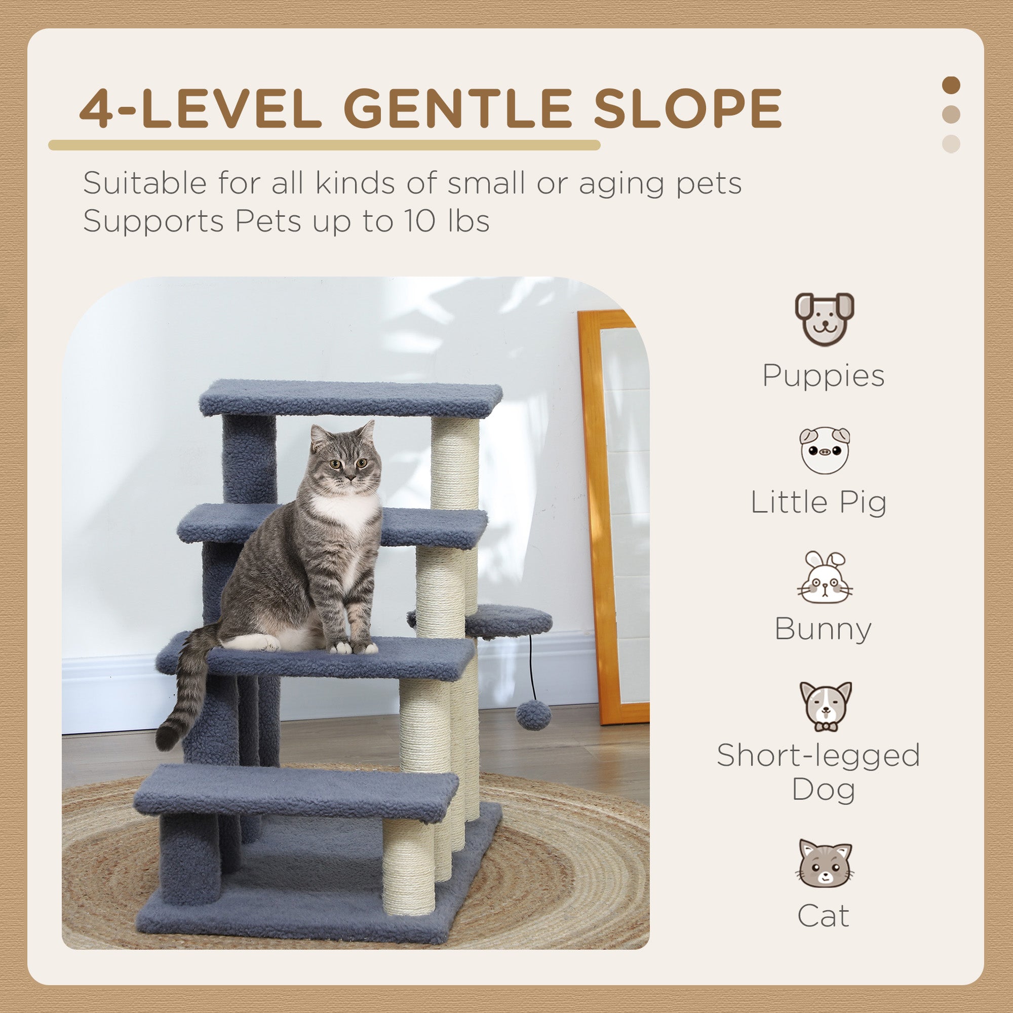 4 Levels Cat Steps with Scratching Posts for High Bed, Sofa, Gray - Gray - Image 4