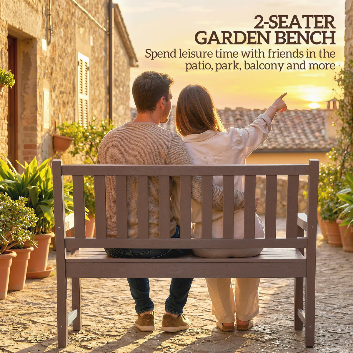 2-Person Garden Bench, HDPE Outdoor Bench with 530 lbs Capacity, Curved Seat for Backyard, Park, Porch, Lawn, Brown