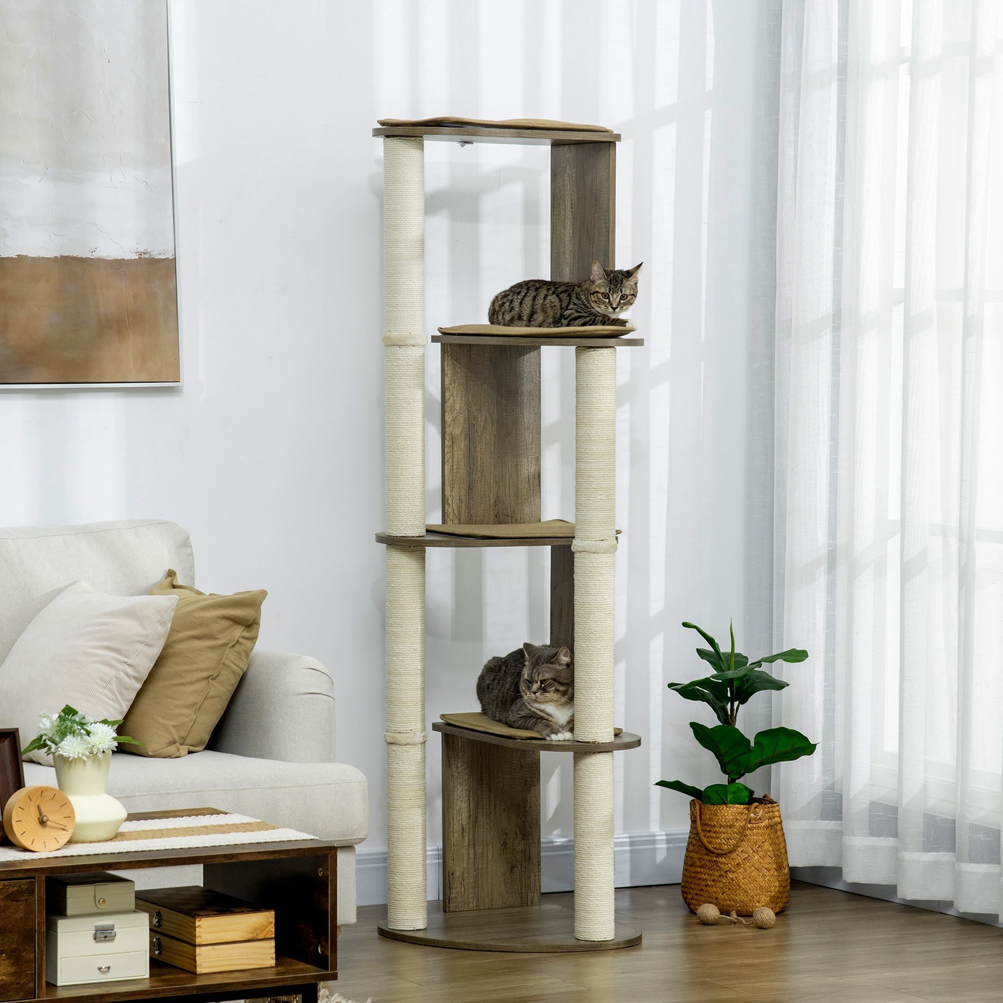 65" Corner Modern Cat Tree Tall for Climbing, Large Multilevel Cat Tower with Scratching Posts, Small-Fit Kitten Tower with Sisal, Cream White - Cream White - Image 2