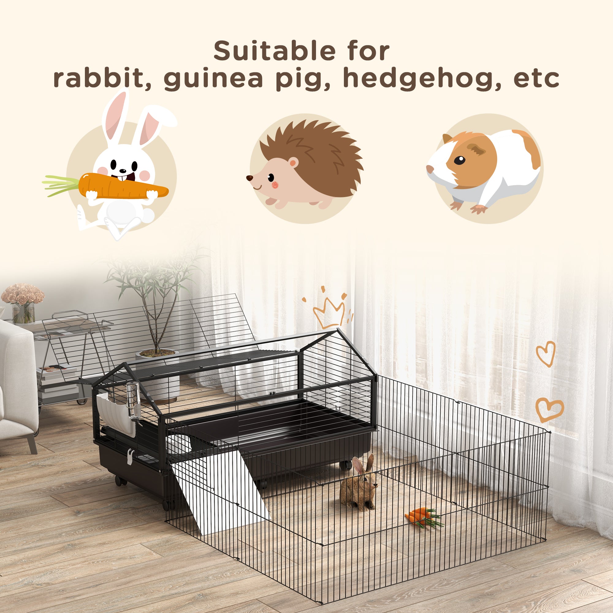 Small Animal Playpen Cage with Rolling Caster, Water Bottle 46.5" - Black and Beige - Image 5