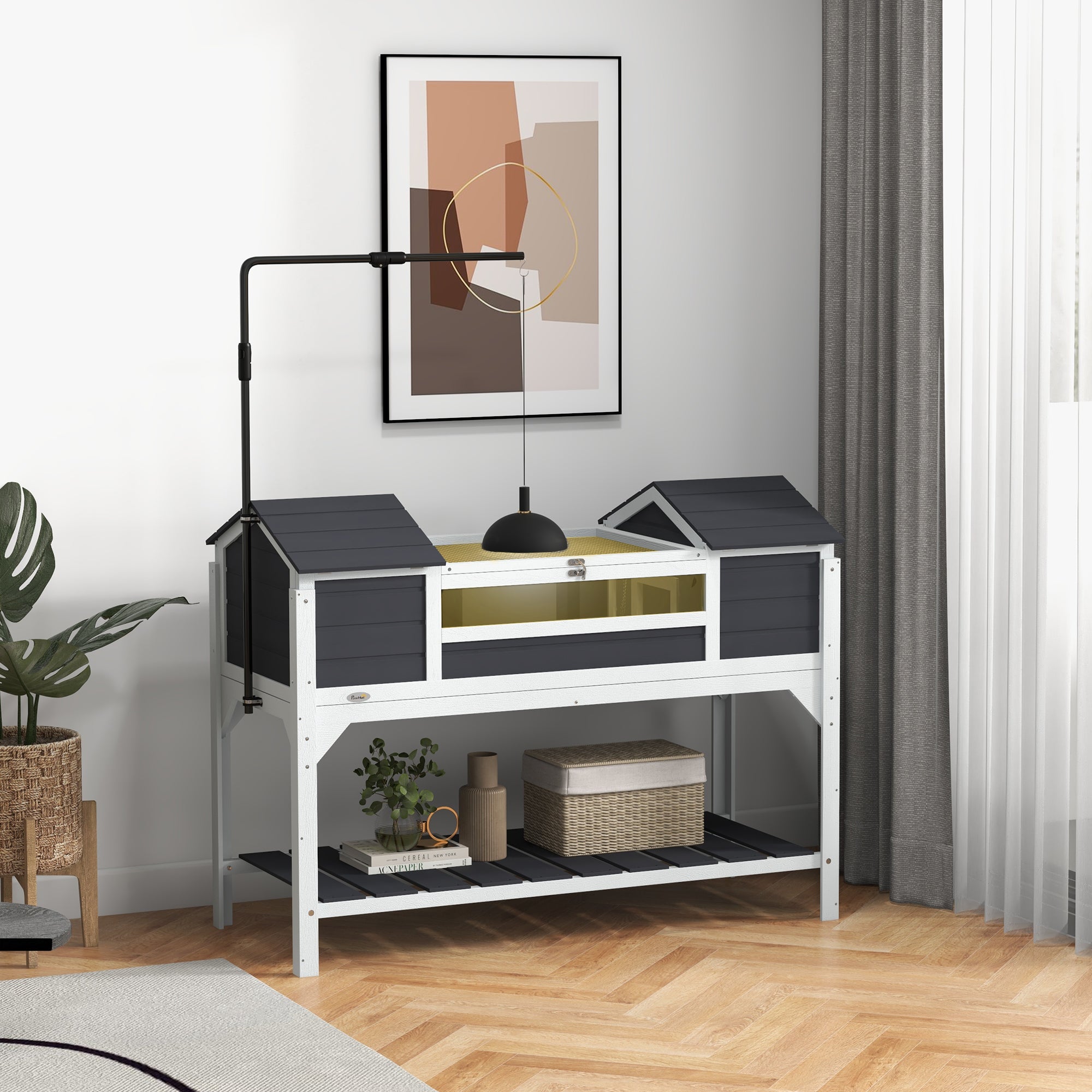 Tortoise Enclosure Tortoise House with Adjustable Lamp Holder Storage Shelf, Dual Main Houses, Openable Lid, Gray - Gray - Image 2