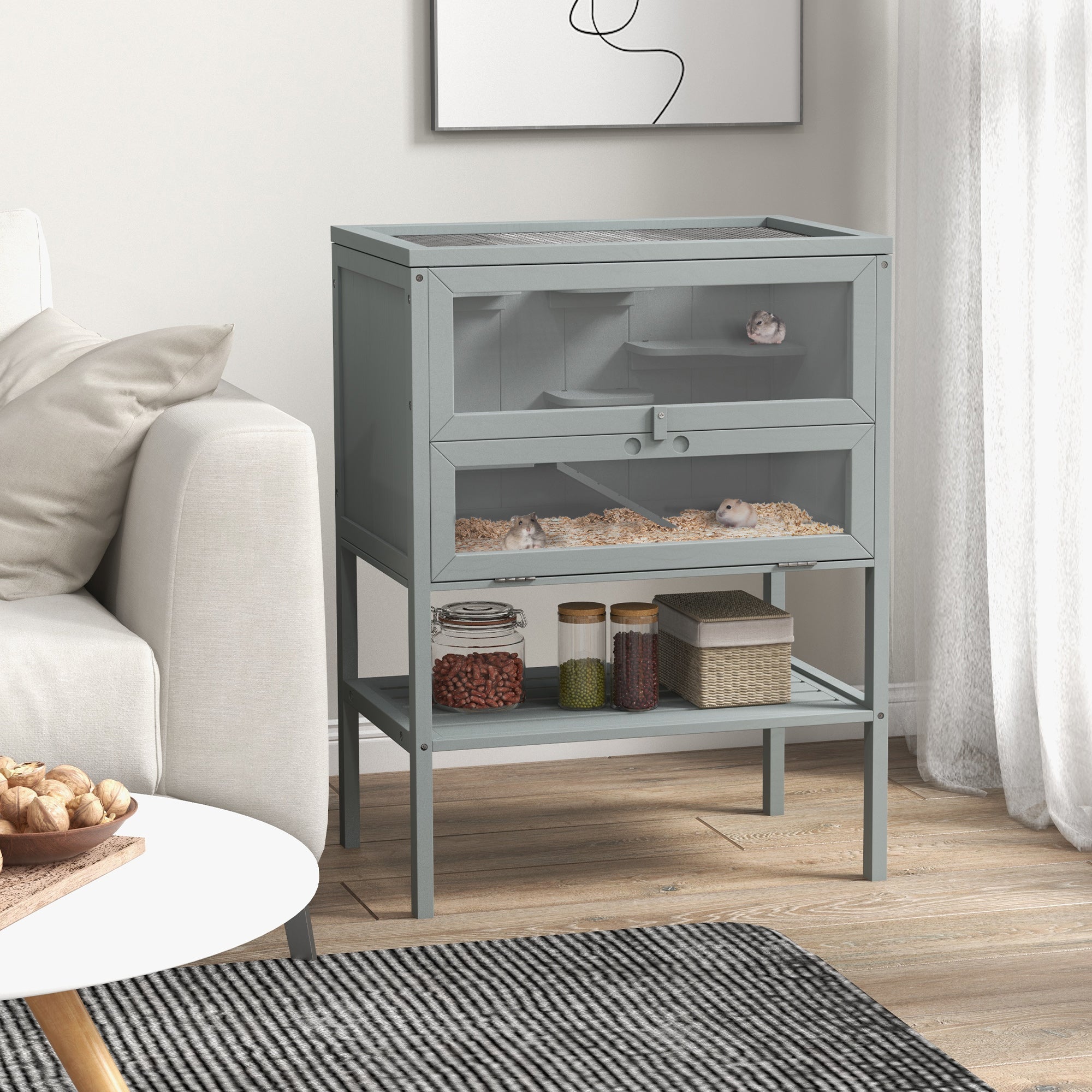 3-Tier Wooden Hamster Cage Mice and Rat Cage Small Animals Hutch with Openable Top, Front Door, Storage Shelf, Gray - Gray - Image 2