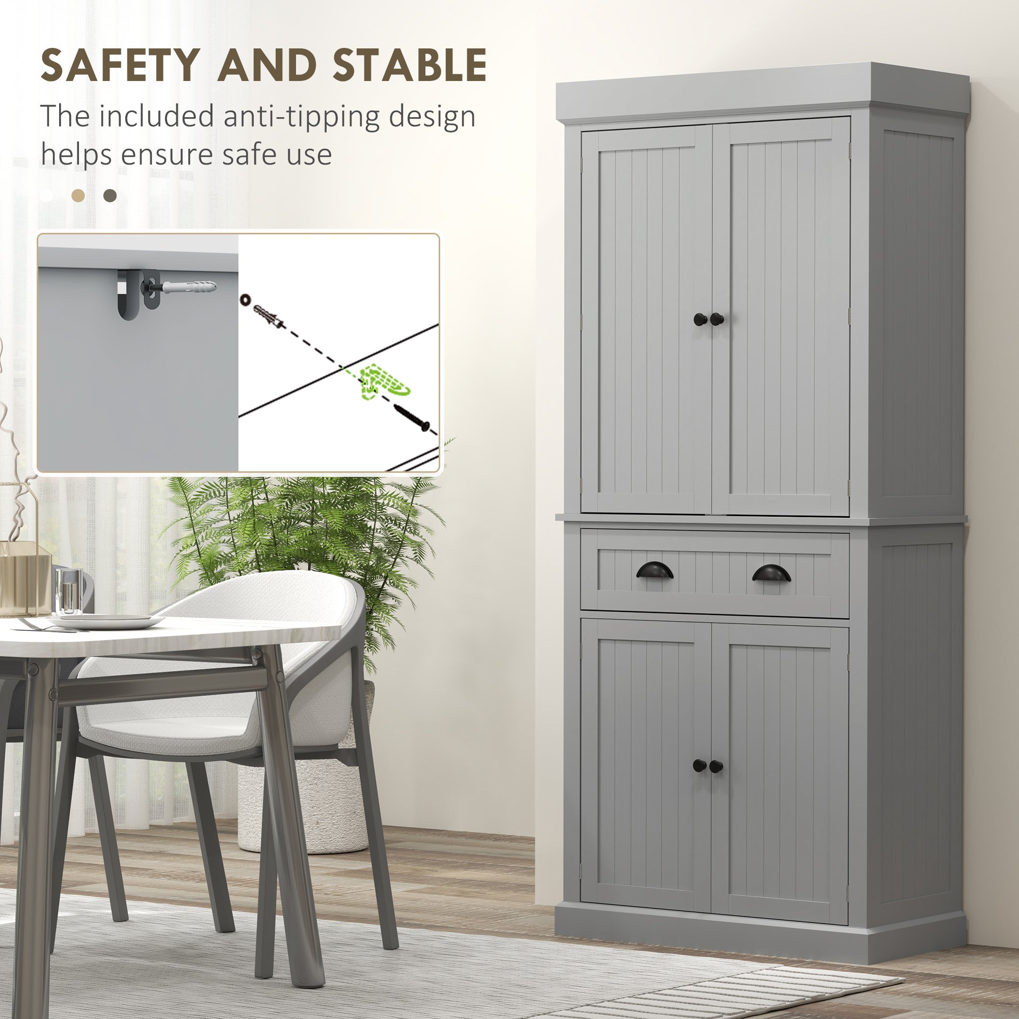 71" Kitchen Pantry Cabinet with LED Lights, 6 Door Shelves, a Drawer and 4 Adjustable Shelves, Gray