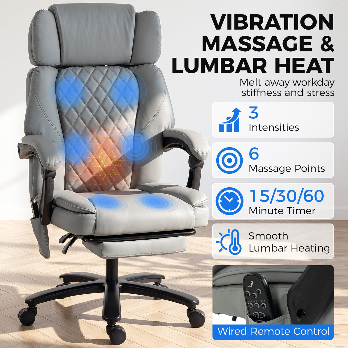 Massage Office Chair with Heat, 400lbs Heavy Duty Desk Chair with Adjustable Headrest, Reclining, Footrest, Light Gray